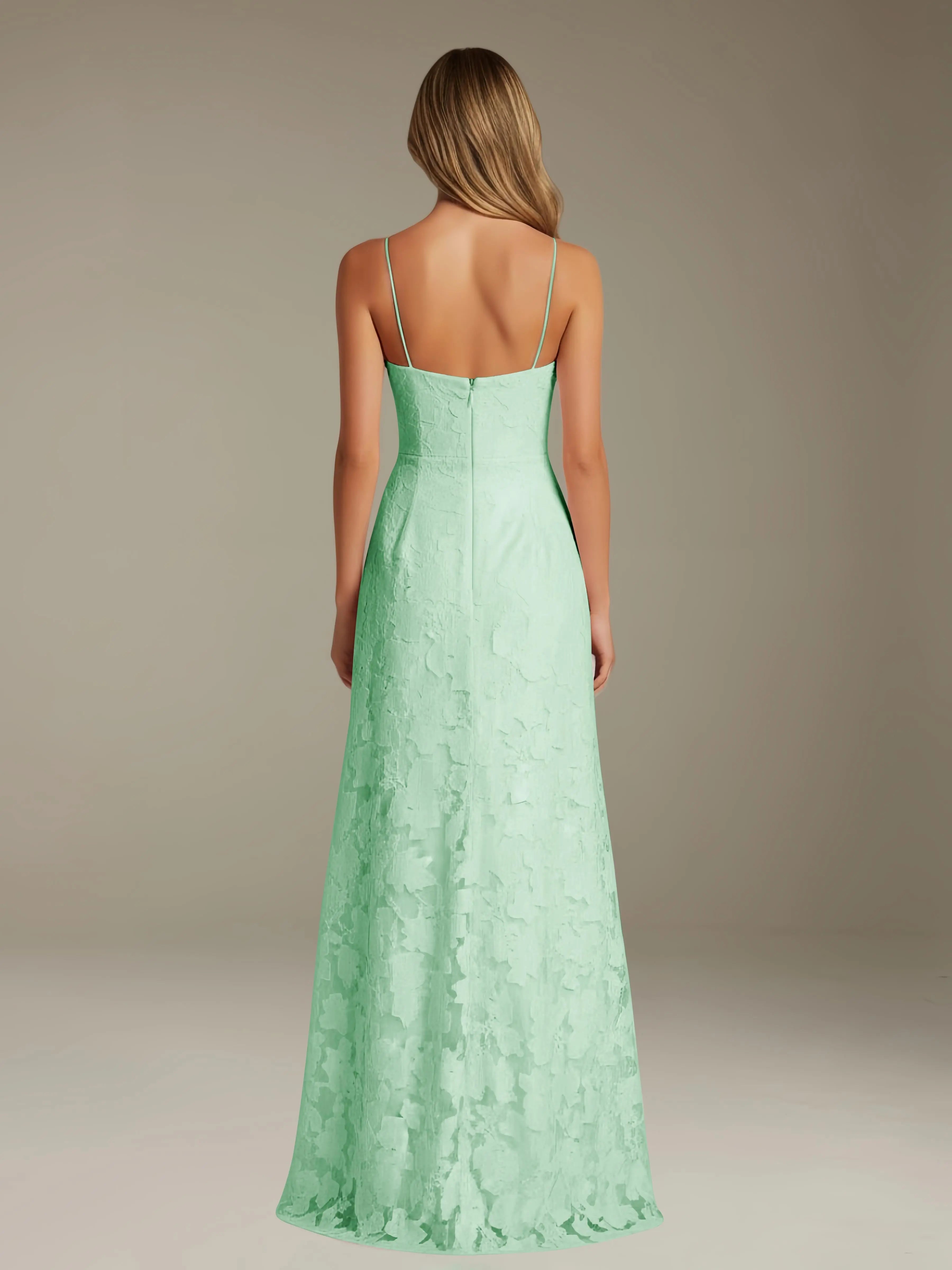 Vestido de encaje floral para ocasiones formales – Vestido de línea A con tirantes de espagueti y escote corazón, largo hasta el suelo, con abertura