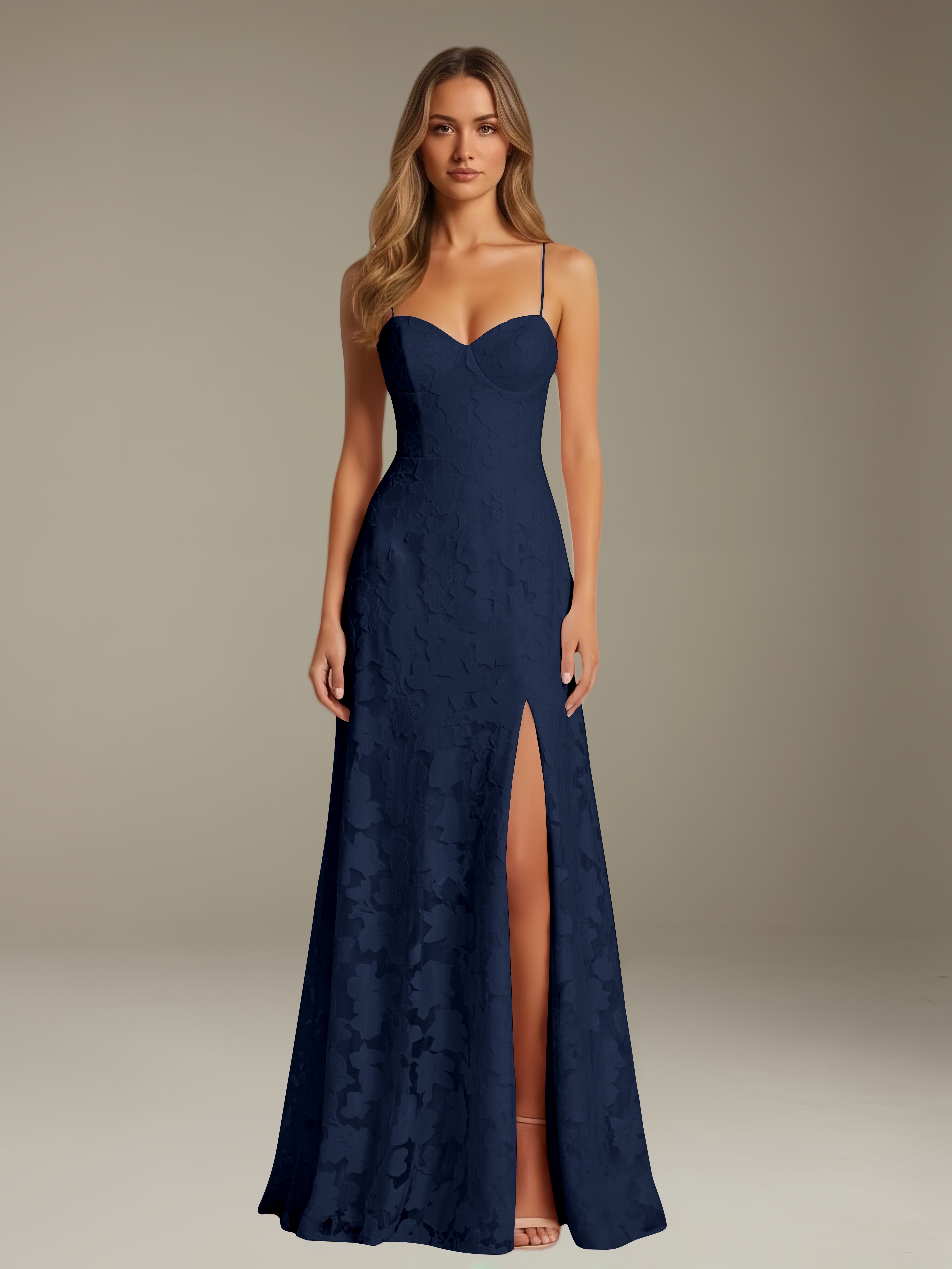 Abito formale in pizzo floreale – Scollo a cuore, spalline sottili, linea A, lunghezza al pavimento con spacco