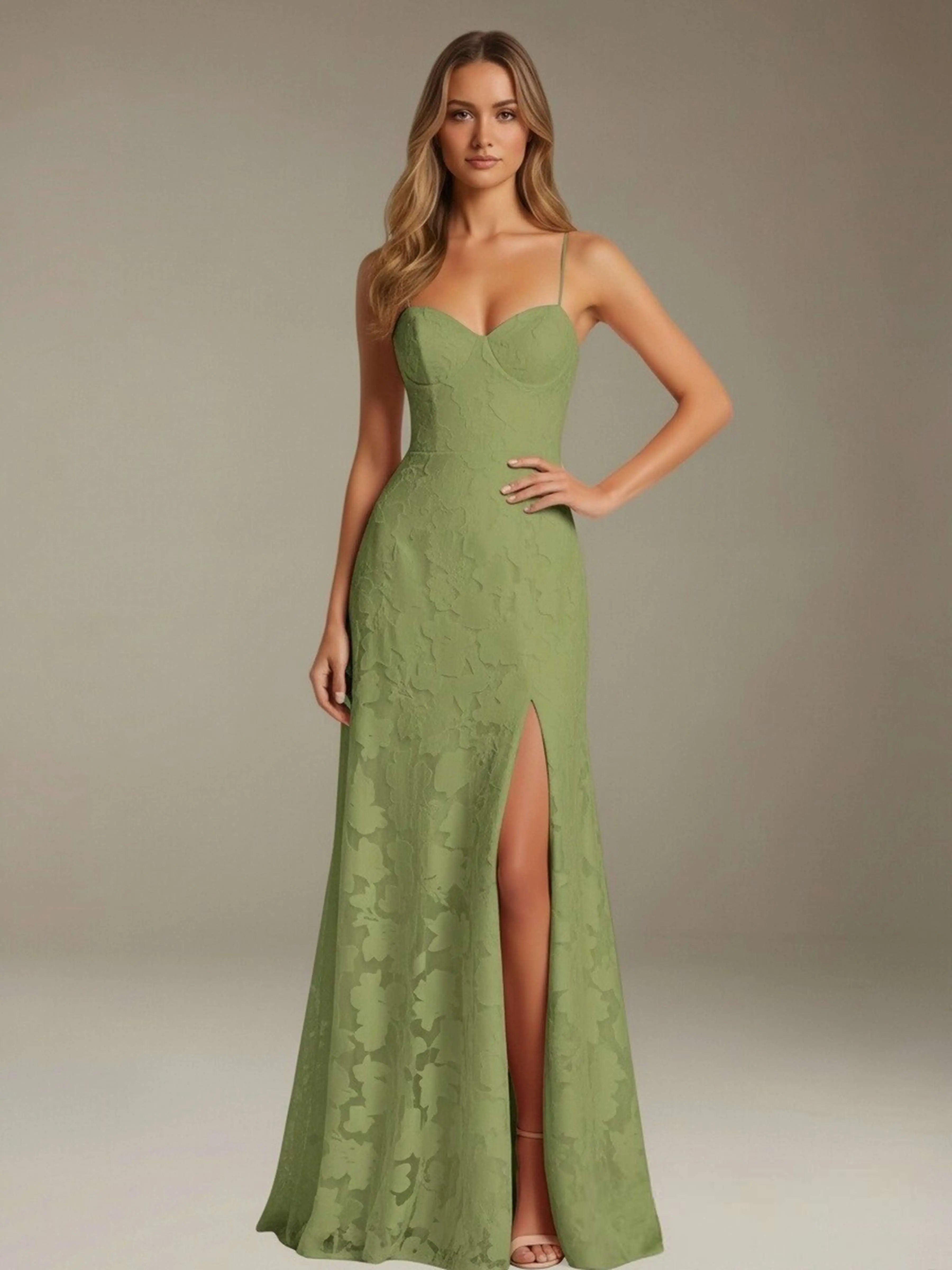 Vestido de encaje floral para ocasiones formales – Vestido de línea A con tirantes de espagueti y escote corazón, largo hasta el suelo, con abertura
