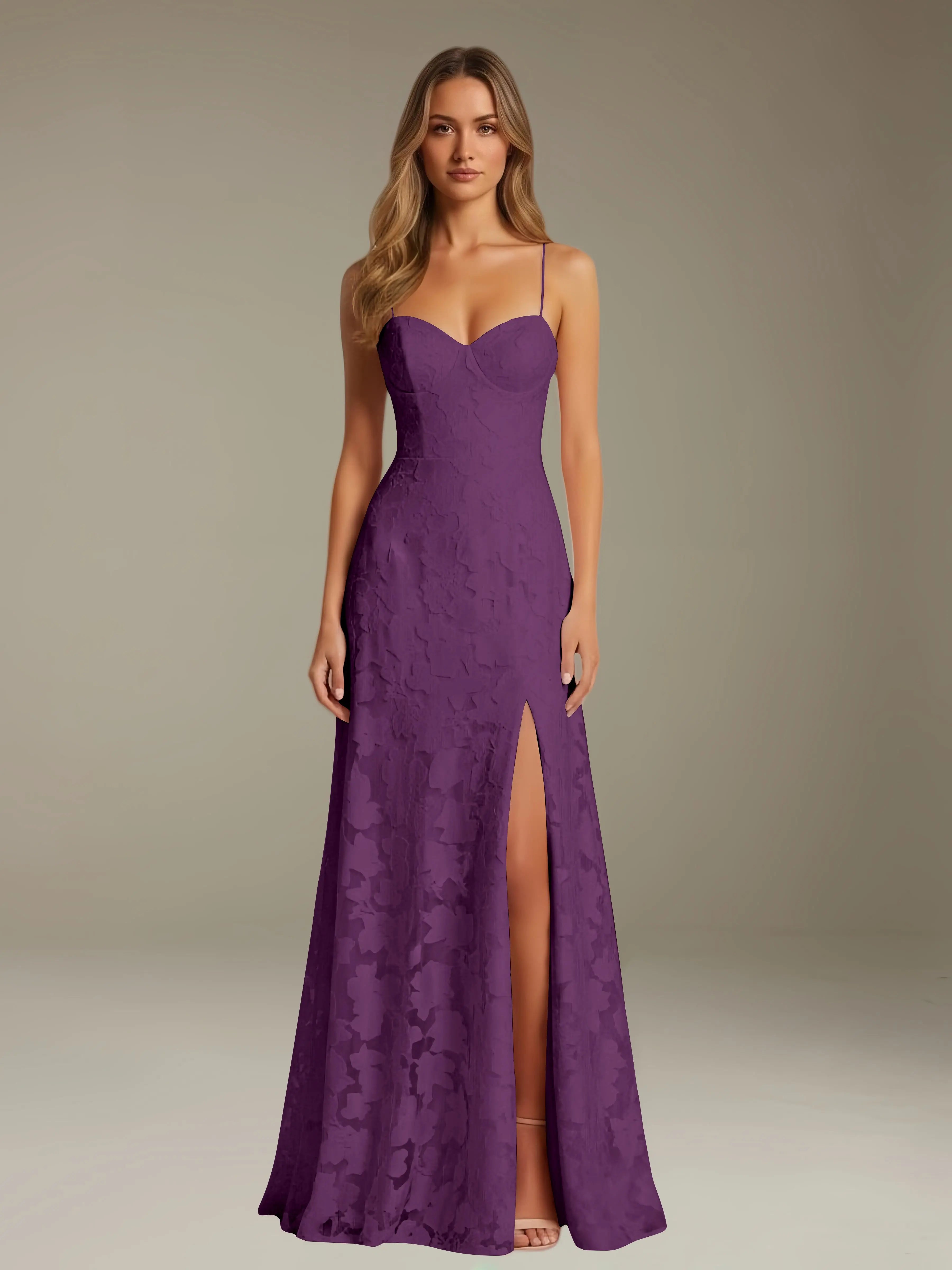 Vestido de encaje floral para ocasiones formales – Vestido de línea A con tirantes de espagueti y escote corazón, largo hasta el suelo, con abertura