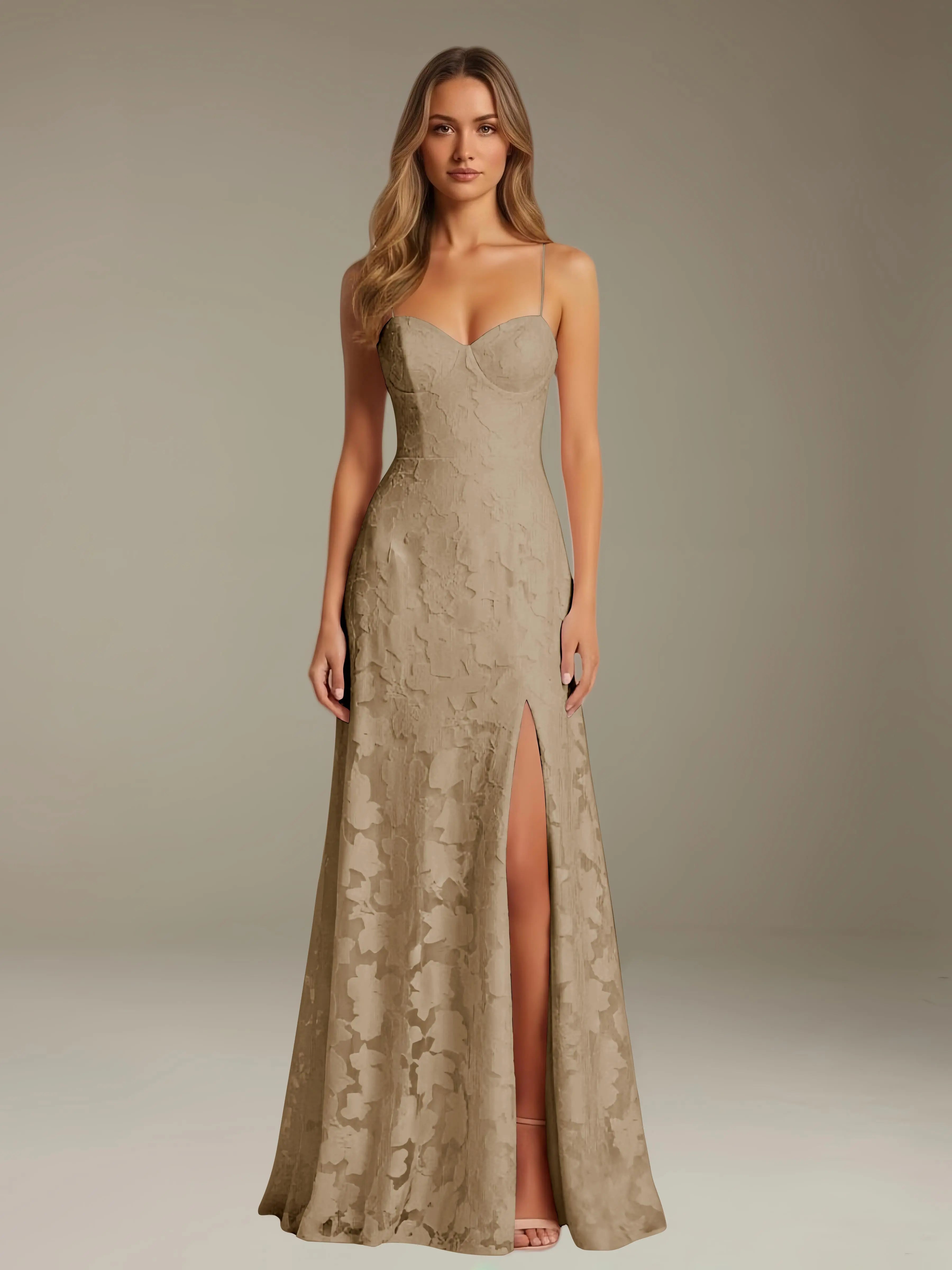Vestido de encaje floral para ocasiones formales – Vestido de línea A con tirantes de espagueti y escote corazón, largo hasta el suelo, con abertura