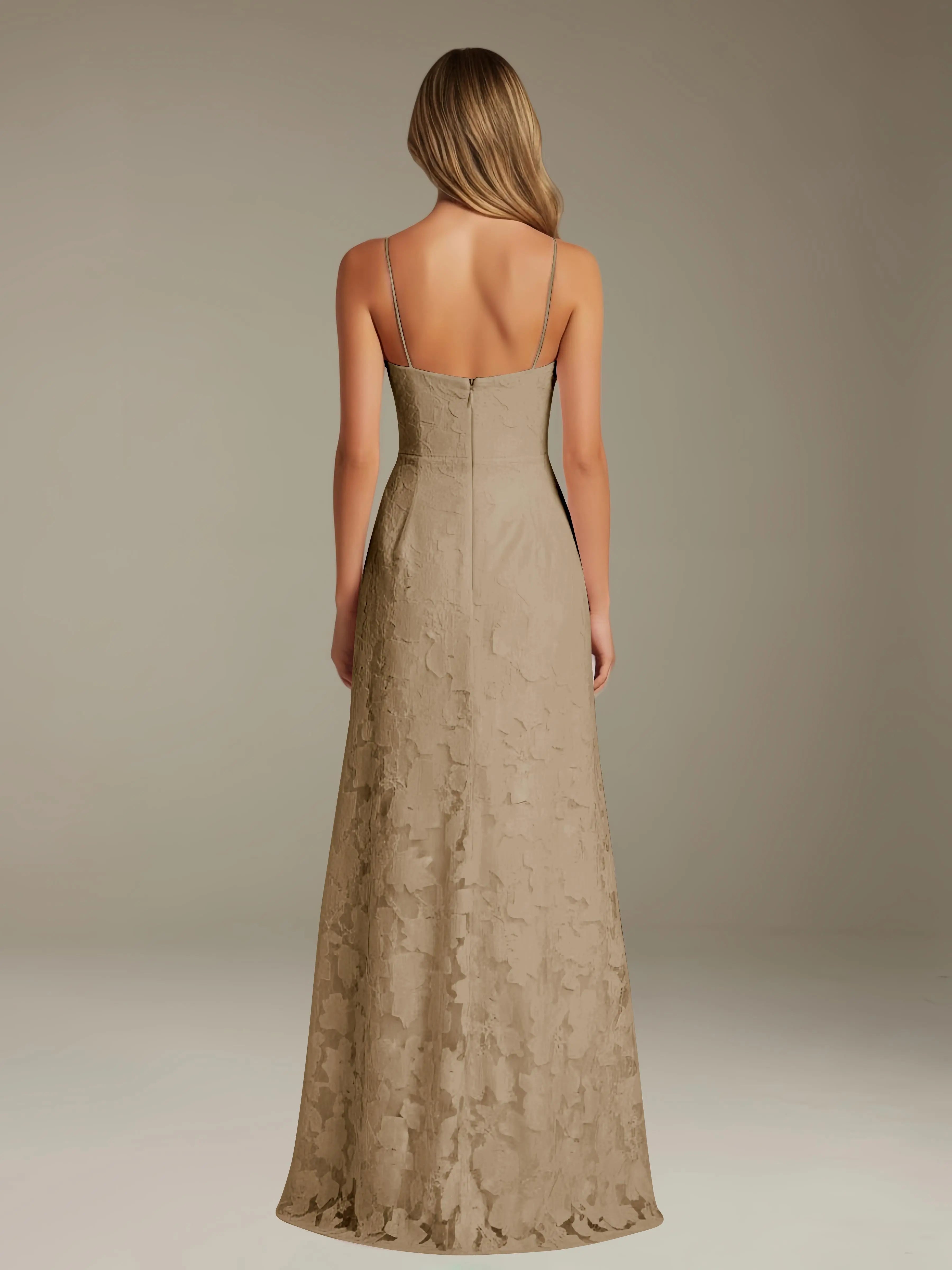 Vestido de encaje floral para ocasiones formales – Vestido de línea A con tirantes de espagueti y escote corazón, largo hasta el suelo, con abertura