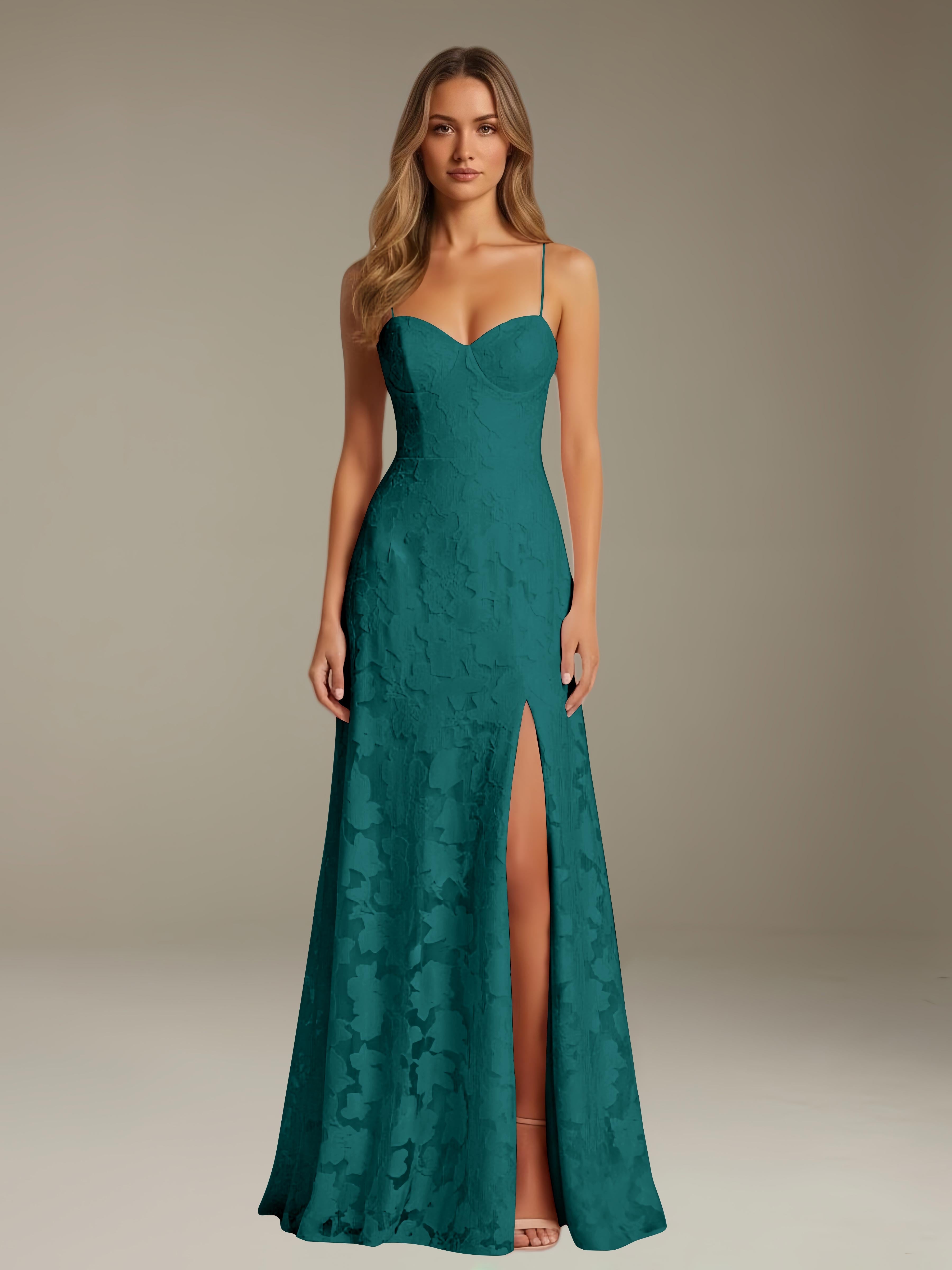 Abito formale in pizzo floreale – Scollo a cuore, spalline sottili, linea A, lunghezza al pavimento con spacco