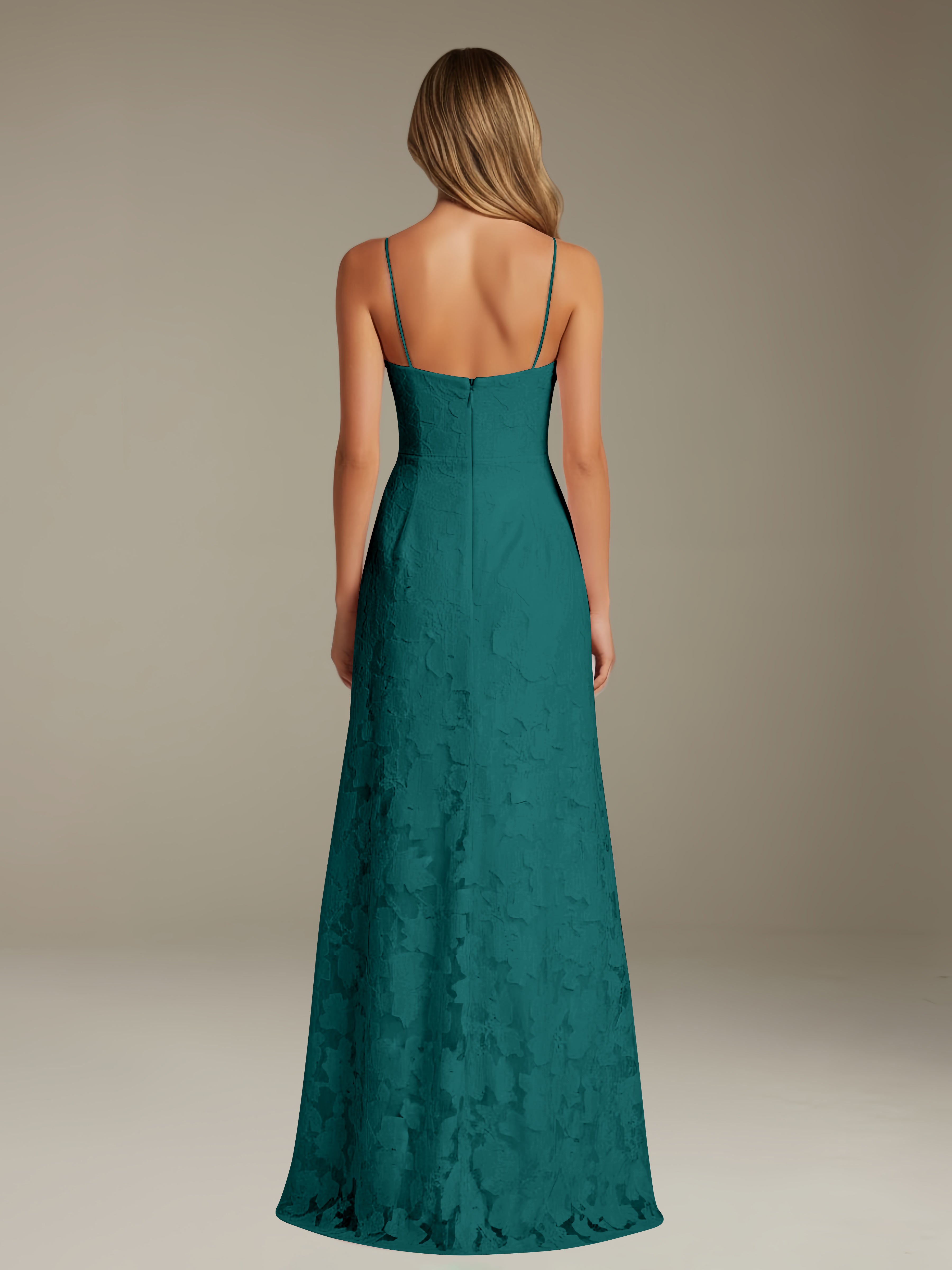 Abito formale in pizzo floreale – Scollo a cuore, spalline sottili, linea A, lunghezza al pavimento con spacco