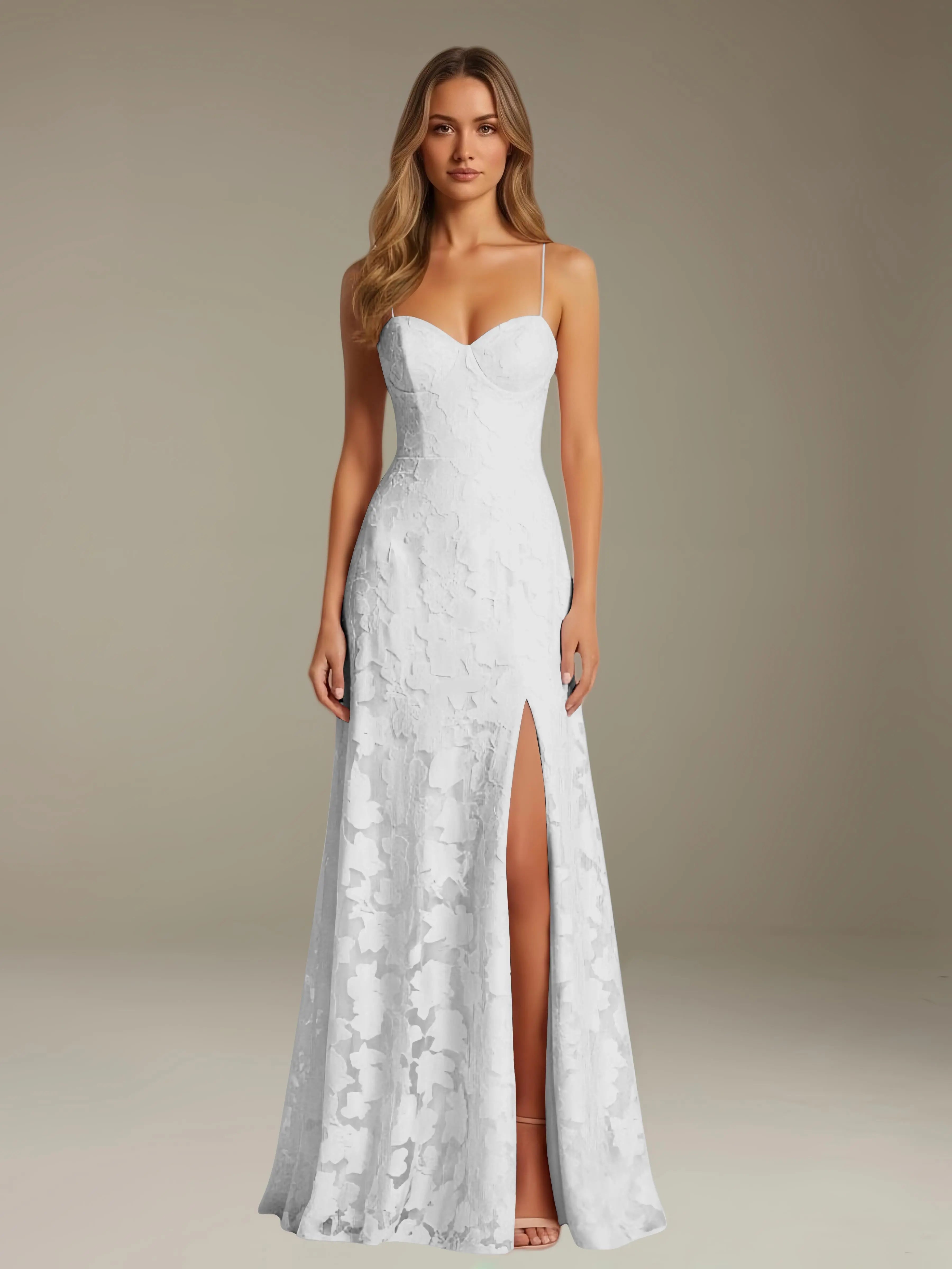Vestido de encaje floral para ocasiones formales – Vestido de línea A con tirantes de espagueti y escote corazón, largo hasta el suelo, con abertura