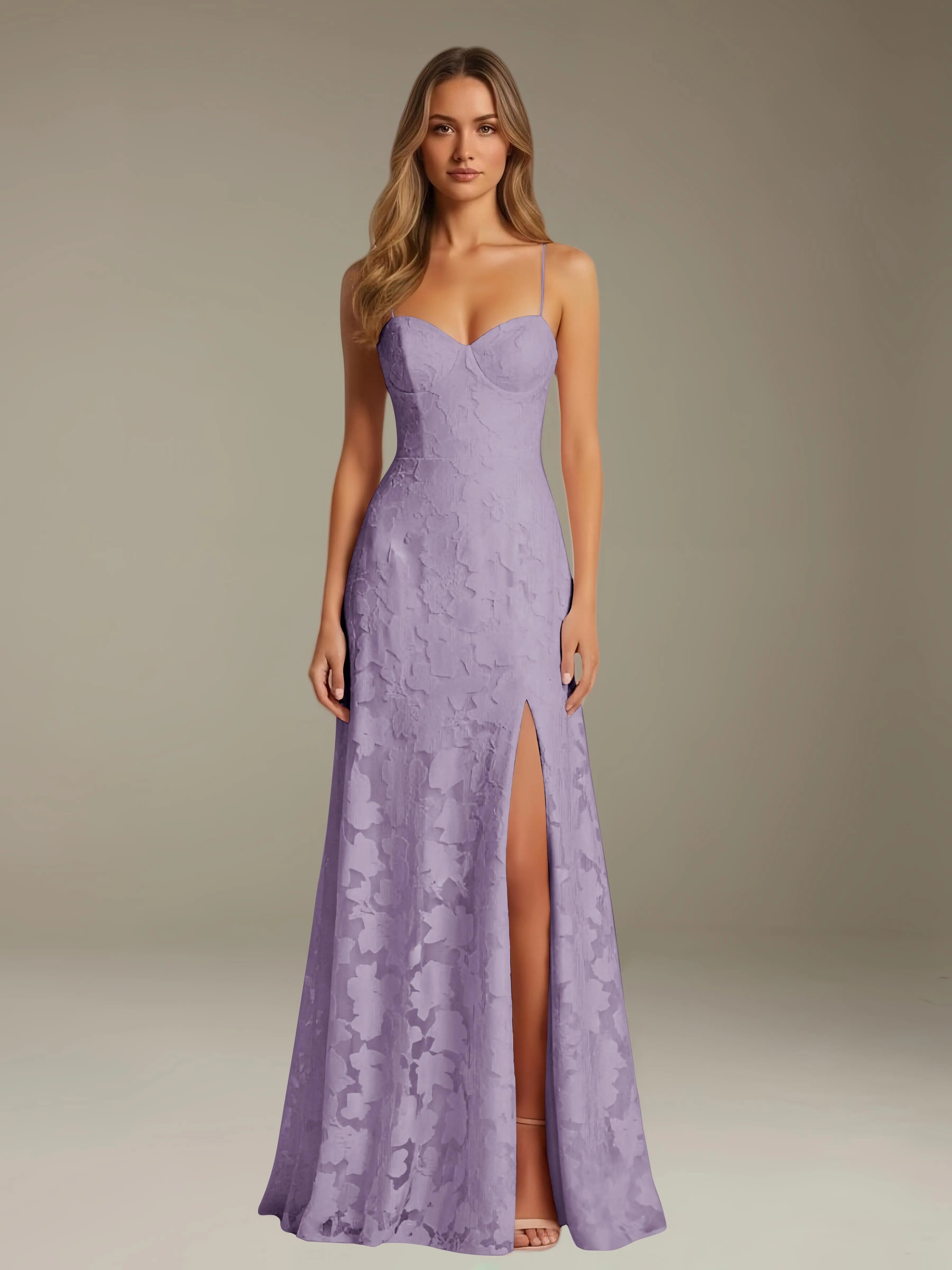 Vestido de encaje floral para ocasiones formales – Vestido de línea A con tirantes de espagueti y escote corazón, largo hasta el suelo, con abertura