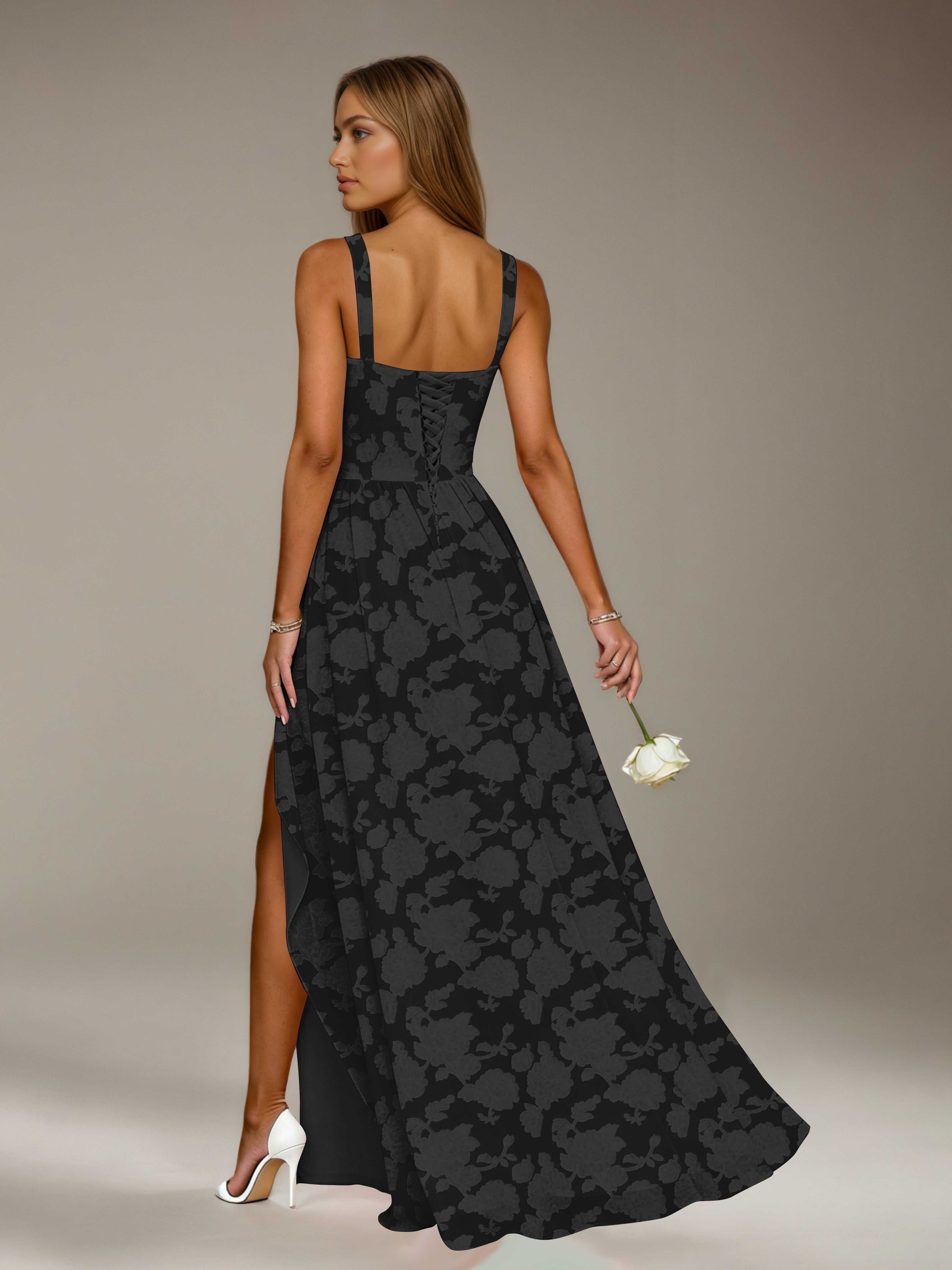 Floral Lace Bridesmaid Dress – A-Line, Square Neck, Sleeveless, Floor-Length, Formal Dress with Slit