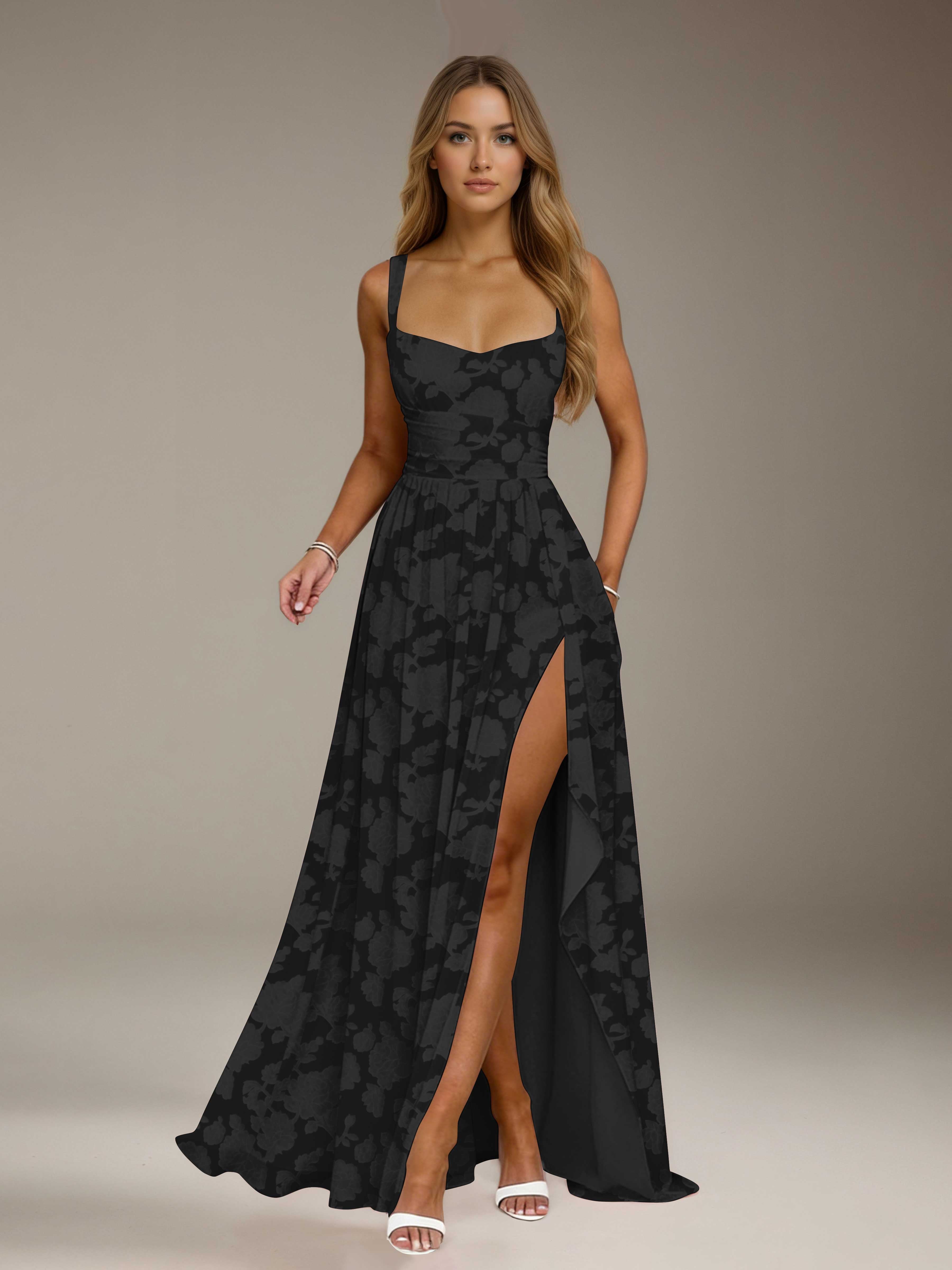 Floral Lace Bridesmaid Dress – A-Line, Square Neck, Sleeveless, Floor-Length, Formal Dress with Slit