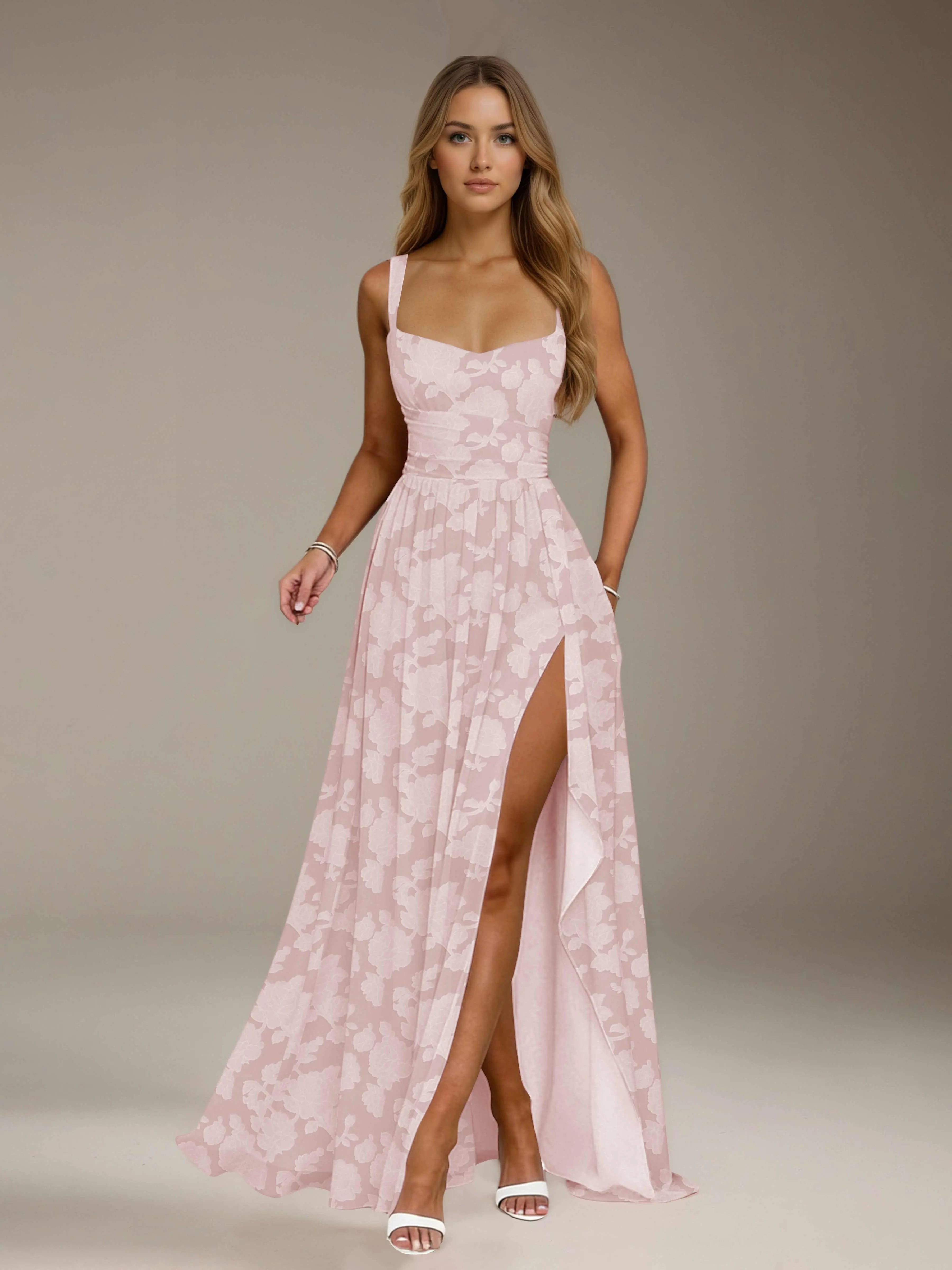 Vestido de dama de honor de encaje floral – Vestido de fiesta sin mangas de línea A con escote cuadrado y largo hasta el suelo con abertura