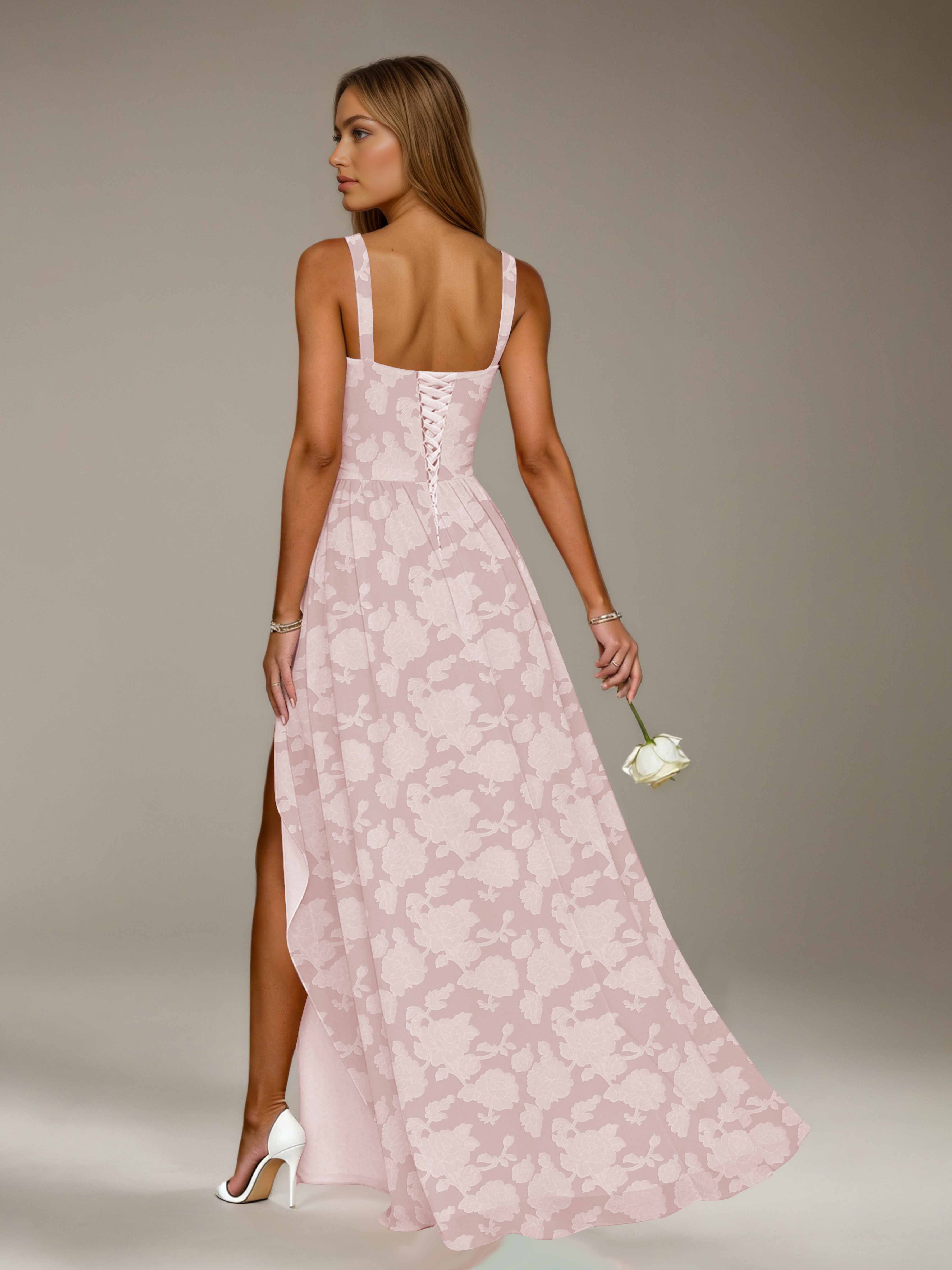 Floral Lace Bridesmaid Dress – A-Line, Square Neck, Sleeveless, Floor-Length, Formal Dress with Slit
