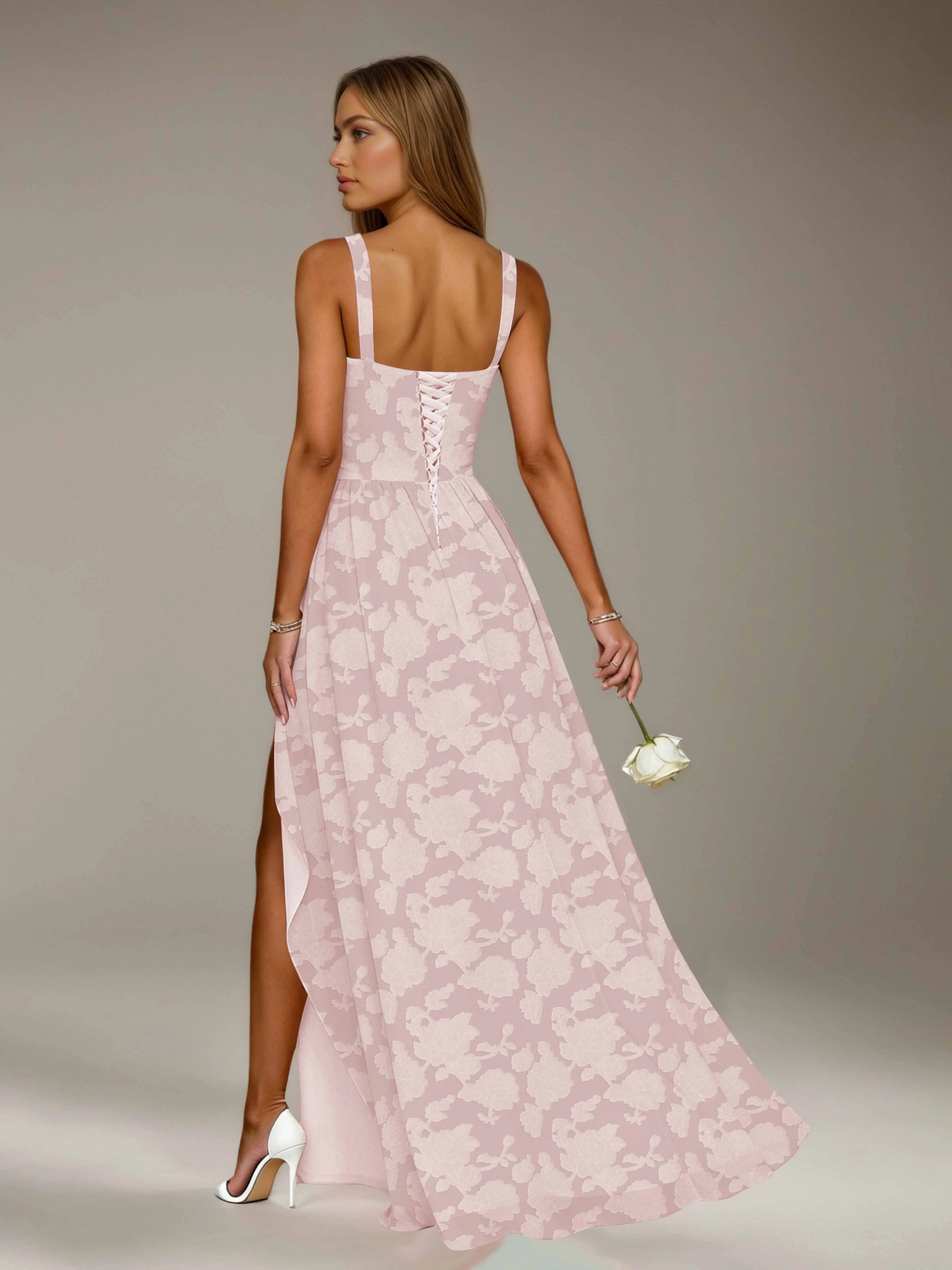 Vestido de dama de honor de encaje floral – Vestido de fiesta sin mangas de línea A con escote cuadrado y largo hasta el suelo con abertura