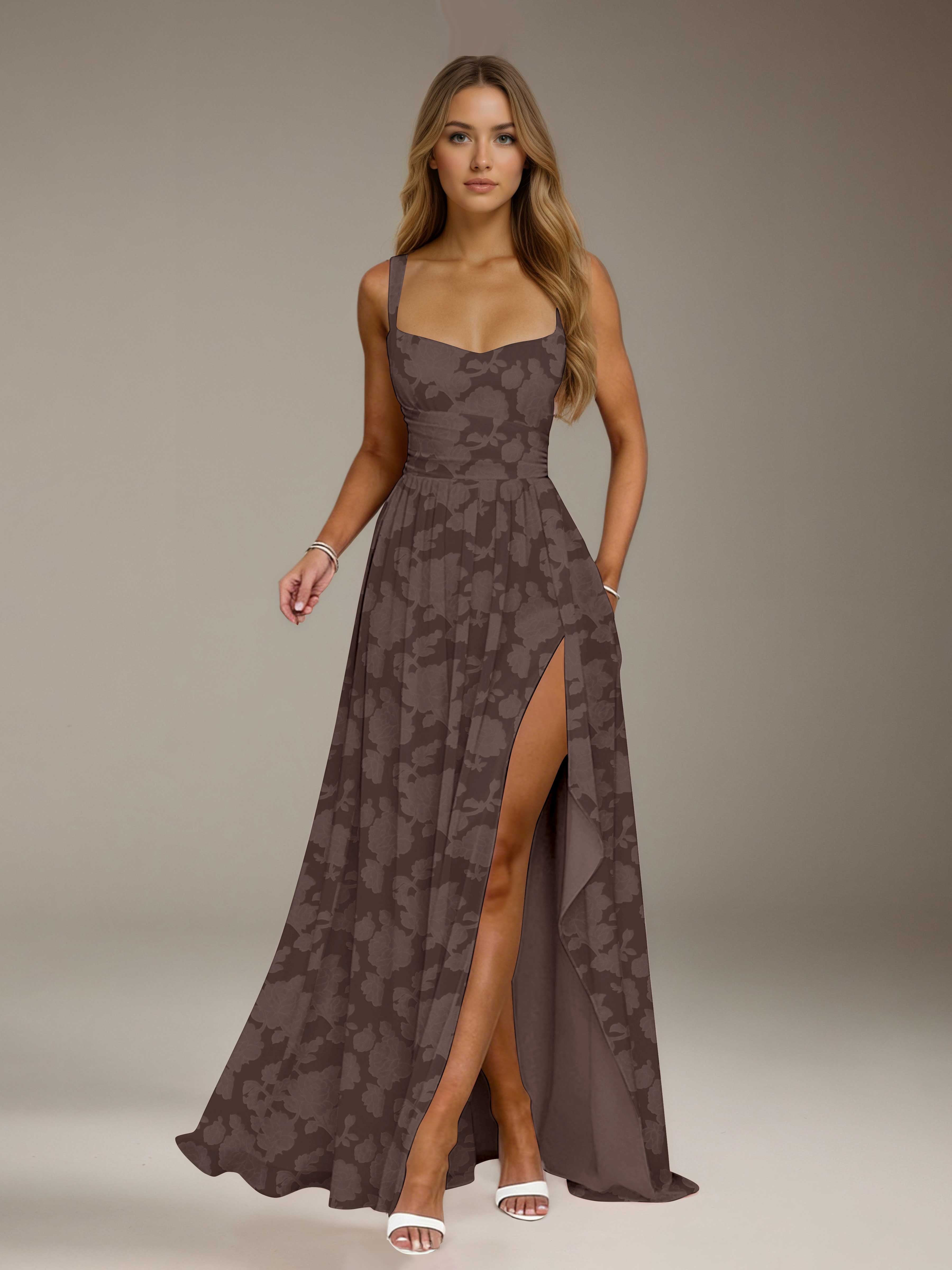 Floral Lace Bridesmaid Dress – A-Line, Square Neck, Sleeveless, Floor-Length, Formal Dress with Slit