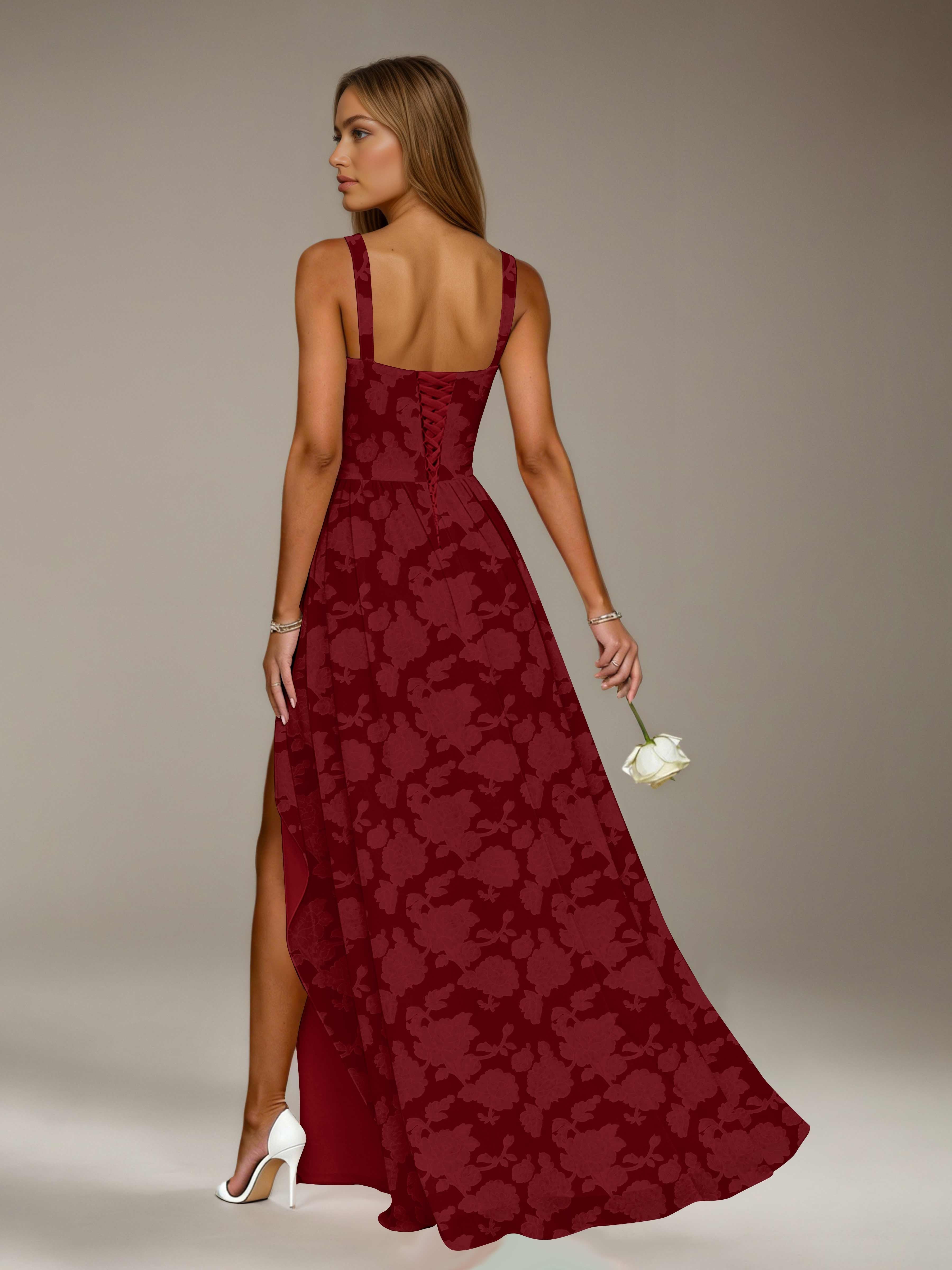 Floral Lace Bridesmaid Dress – A-Line, Square Neck, Sleeveless, Floor-Length, Formal Dress with Slit