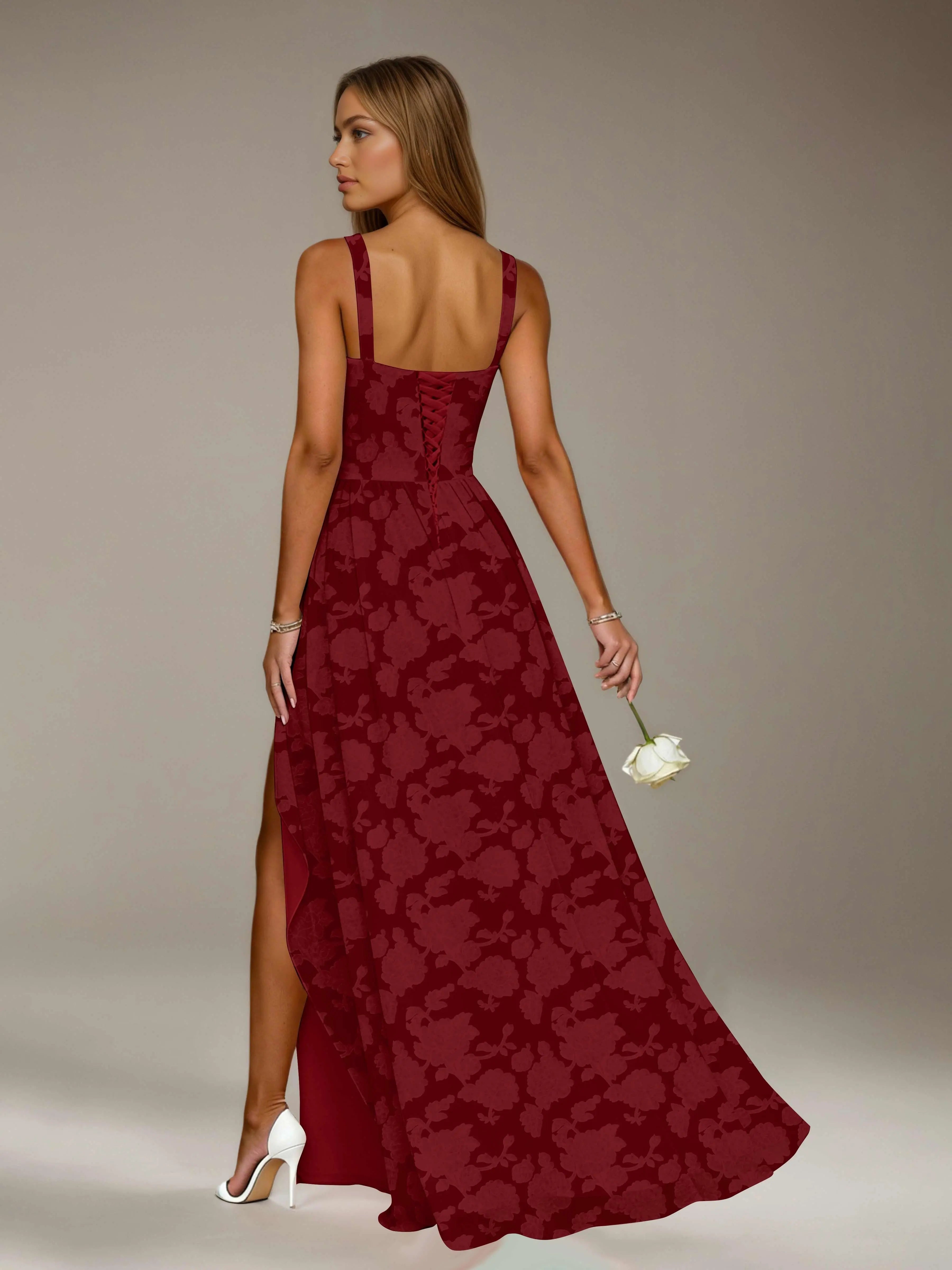 Vestido de dama de honor de encaje floral – Vestido de fiesta sin mangas de línea A con escote cuadrado y largo hasta el suelo con abertura