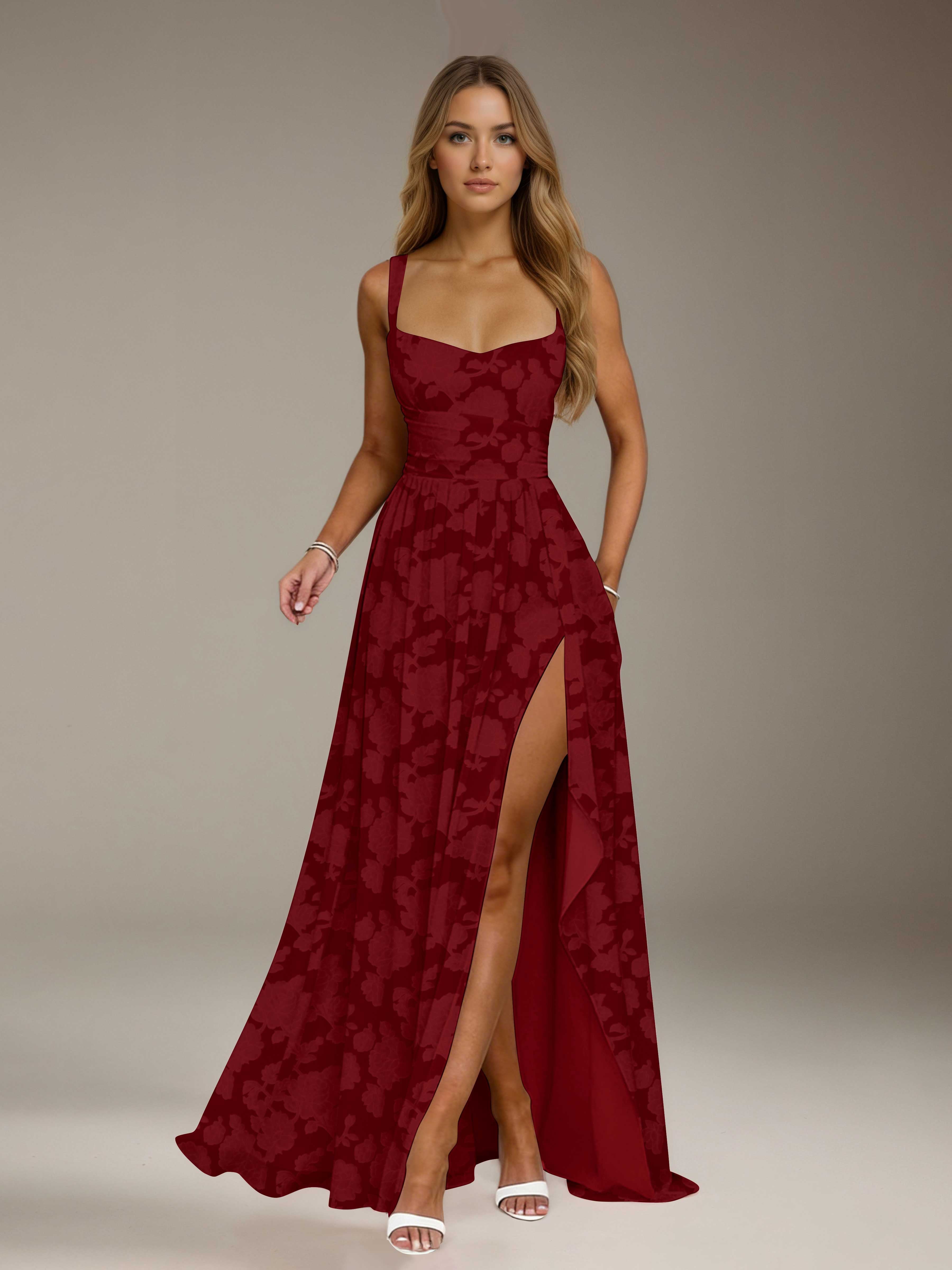 Floral Lace Bridesmaid Dress – A-Line, Square Neck, Sleeveless, Floor-Length, Formal Dress with Slit