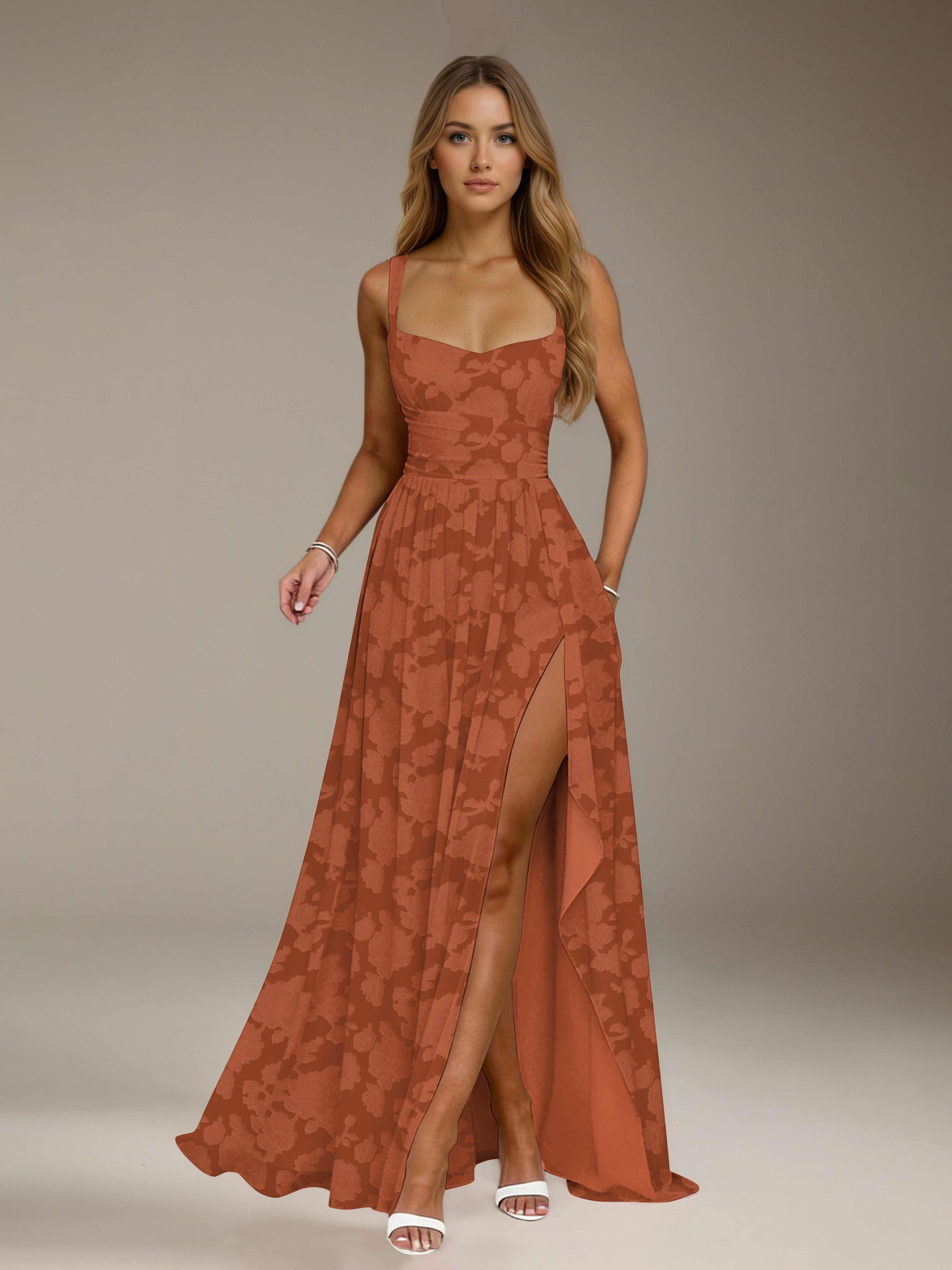 Floral Lace Bridesmaid Dress – A-Line, Square Neck, Sleeveless, Floor-Length, Formal Dress with Slit