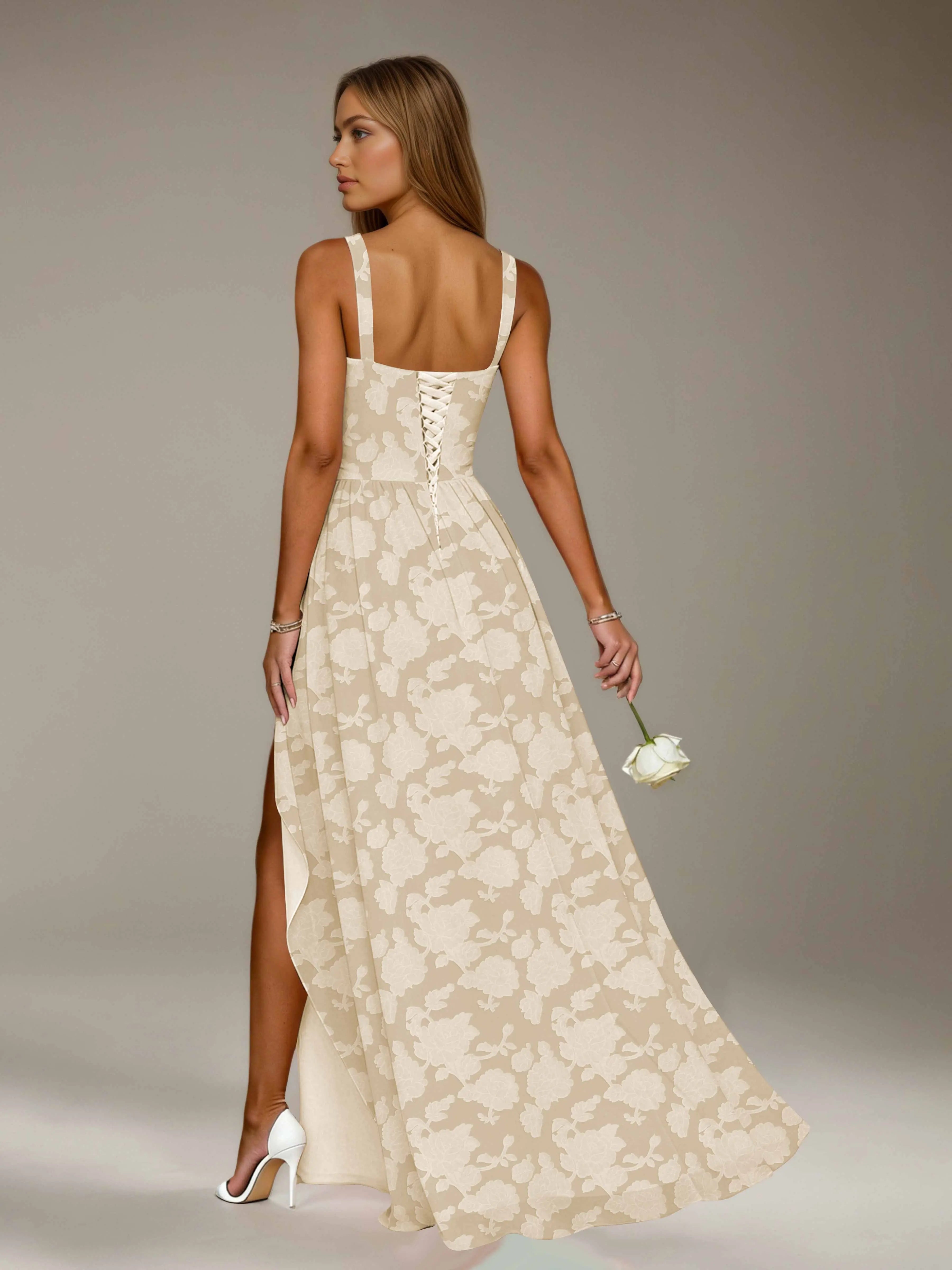 Vestido de dama de honor de encaje floral – Vestido de fiesta sin mangas de línea A con escote cuadrado y largo hasta el suelo con abertura