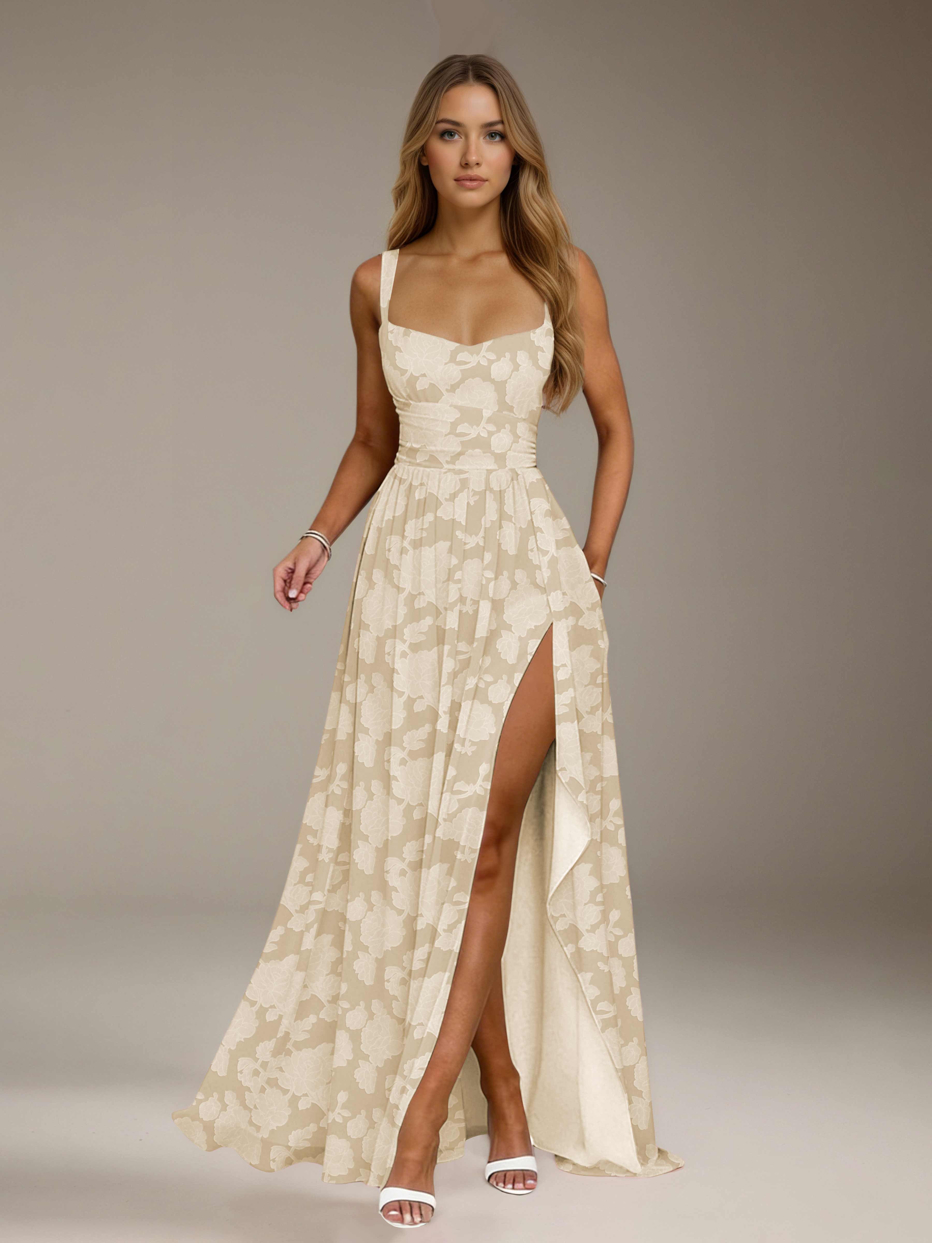 Floral Lace Bridesmaid Dress – A-Line, Square Neck, Sleeveless, Floor-Length, Formal Dress with Slit