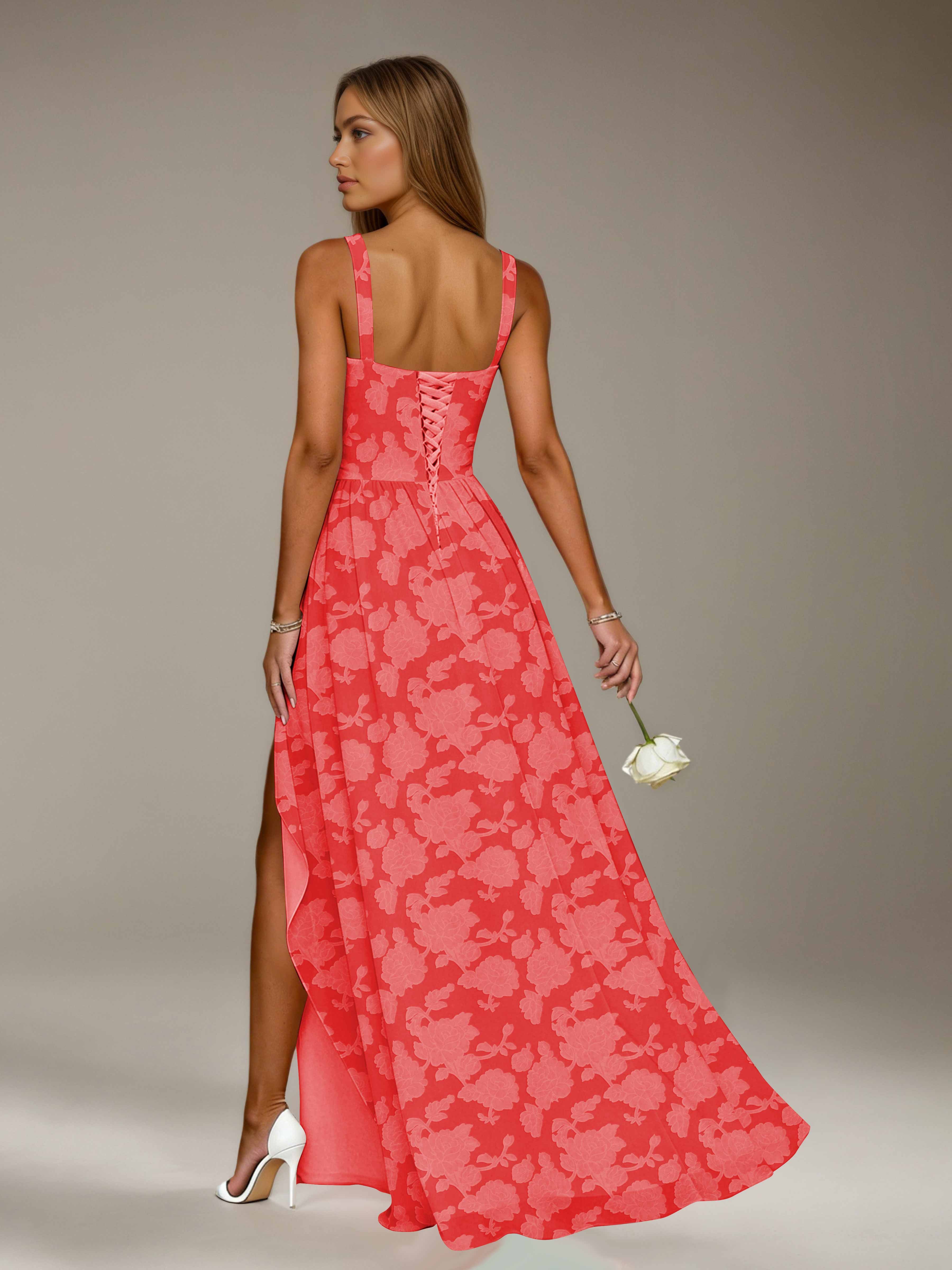 Floral Lace Bridesmaid Dress – A-Line, Square Neck, Sleeveless, Floor-Length, Formal Dress with Slit