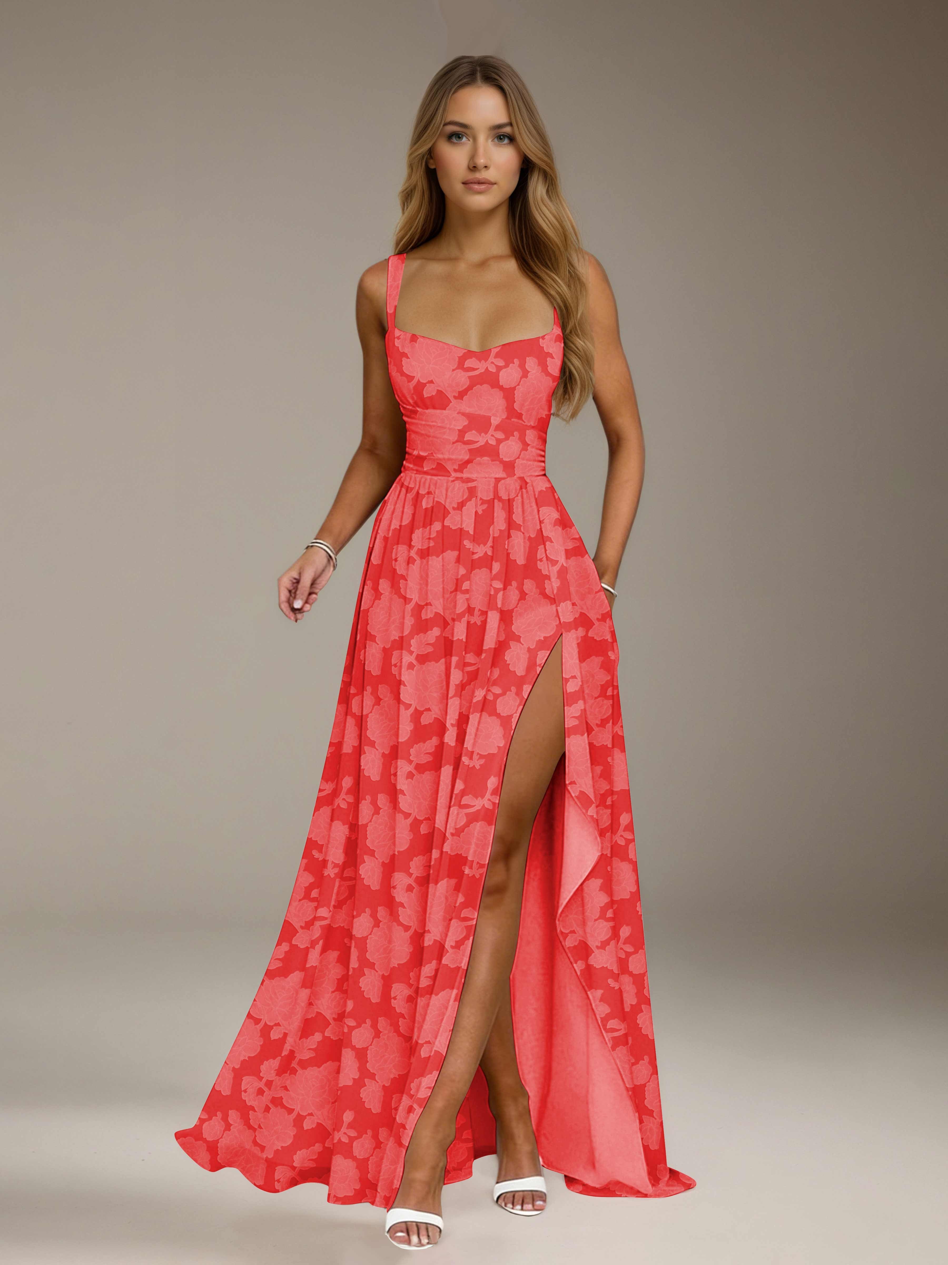 Floral Lace Bridesmaid Dress – A-Line, Square Neck, Sleeveless, Floor-Length, Formal Dress with Slit