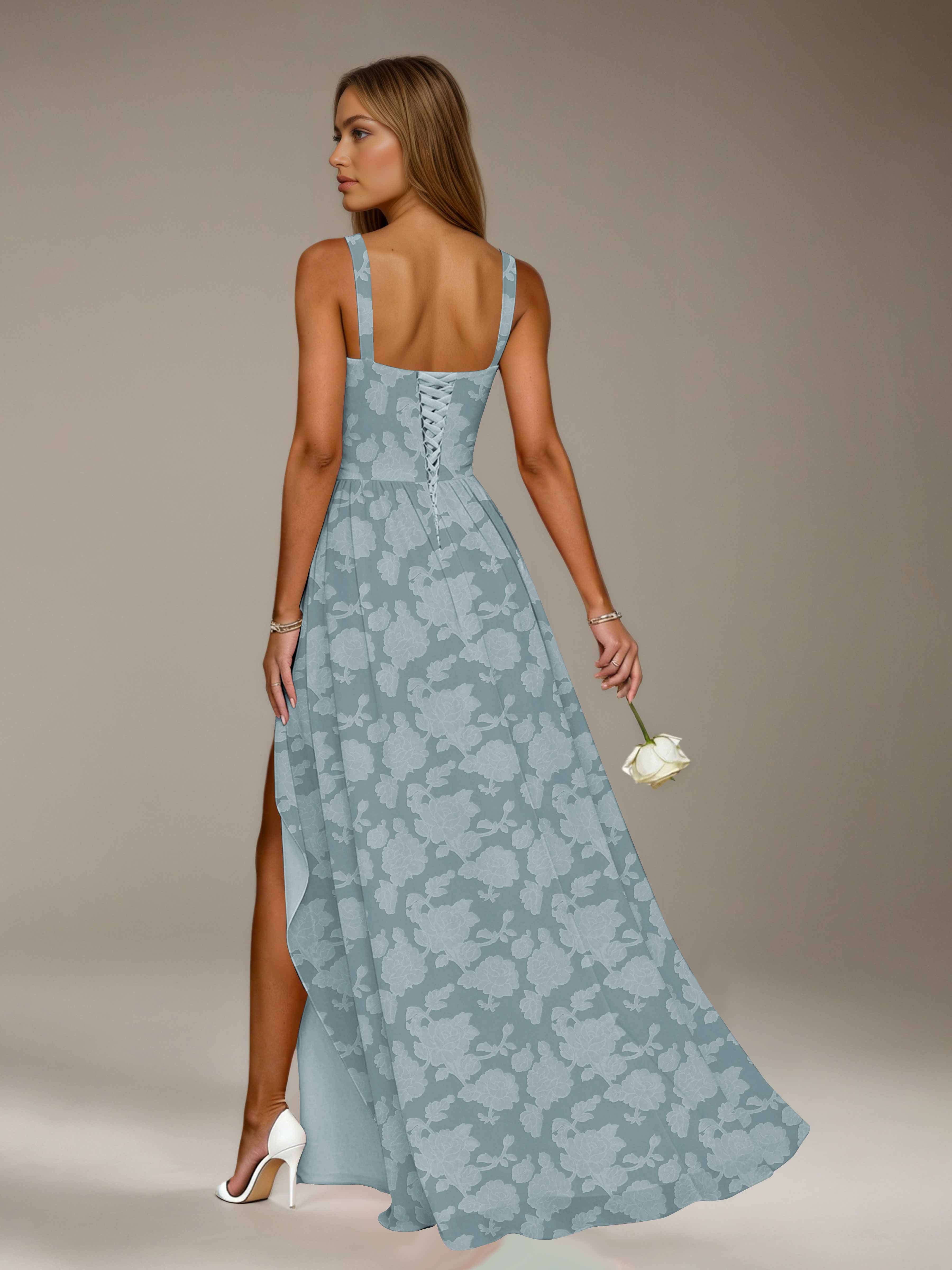 Floral Lace Bridesmaid Dress – A-Line, Square Neck, Sleeveless, Floor-Length, Formal Dress with Slit