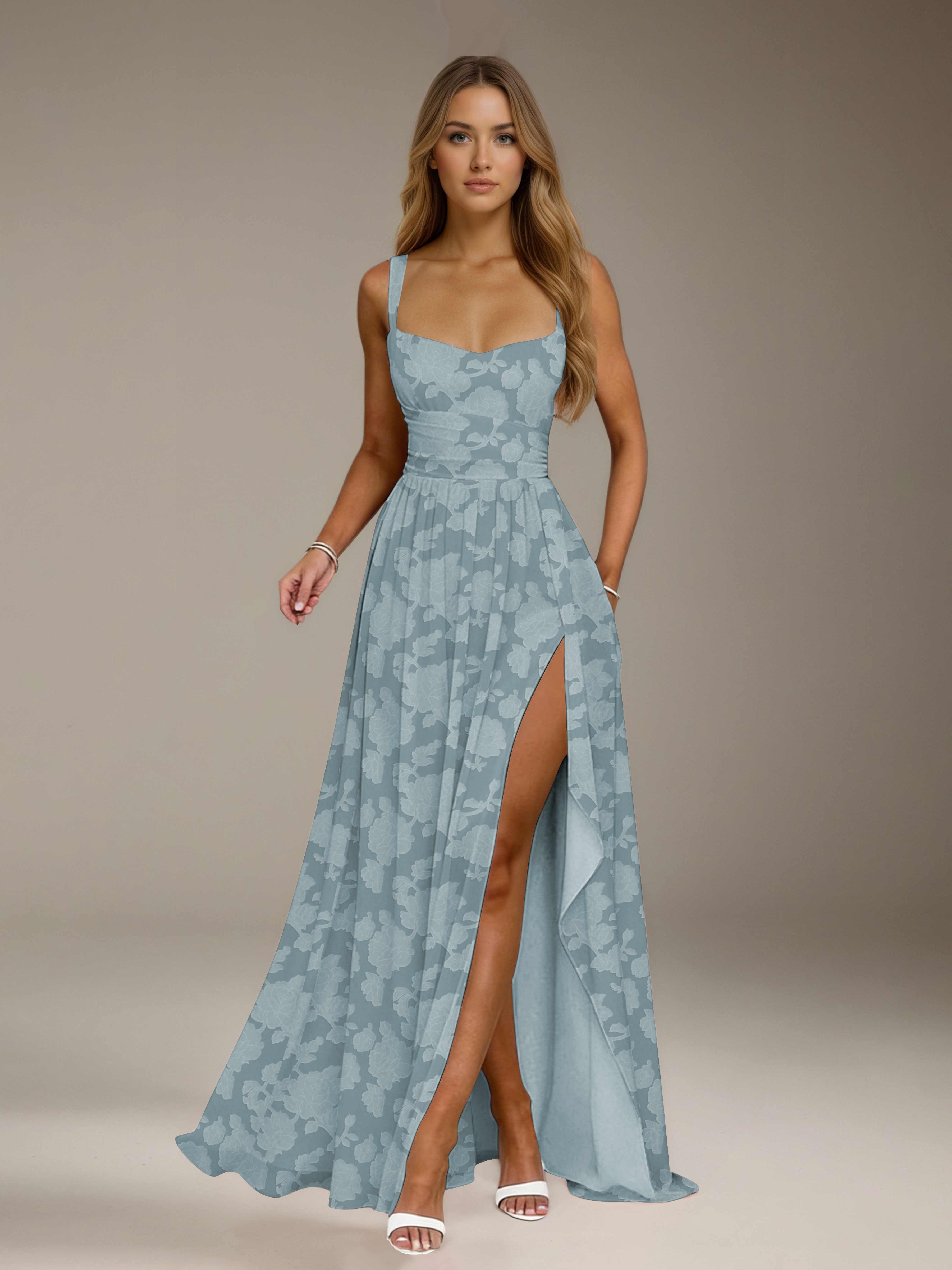 Floral Lace Bridesmaid Dress – A-Line, Square Neck, Sleeveless, Floor-Length, Formal Dress with Slit