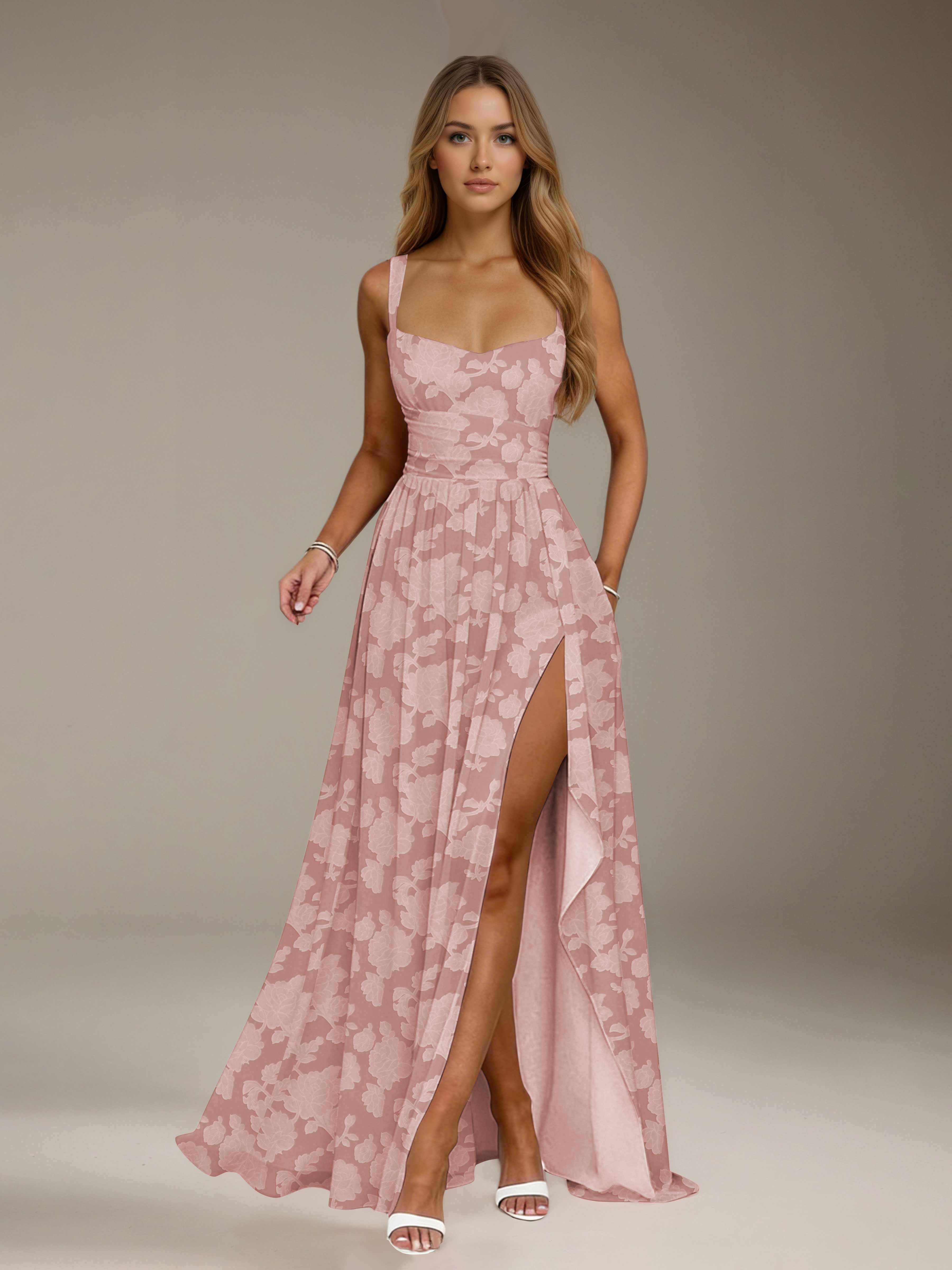 Floral Lace Bridesmaid Dress – A-Line, Square Neck, Sleeveless, Floor-Length, Formal Dress with Slit