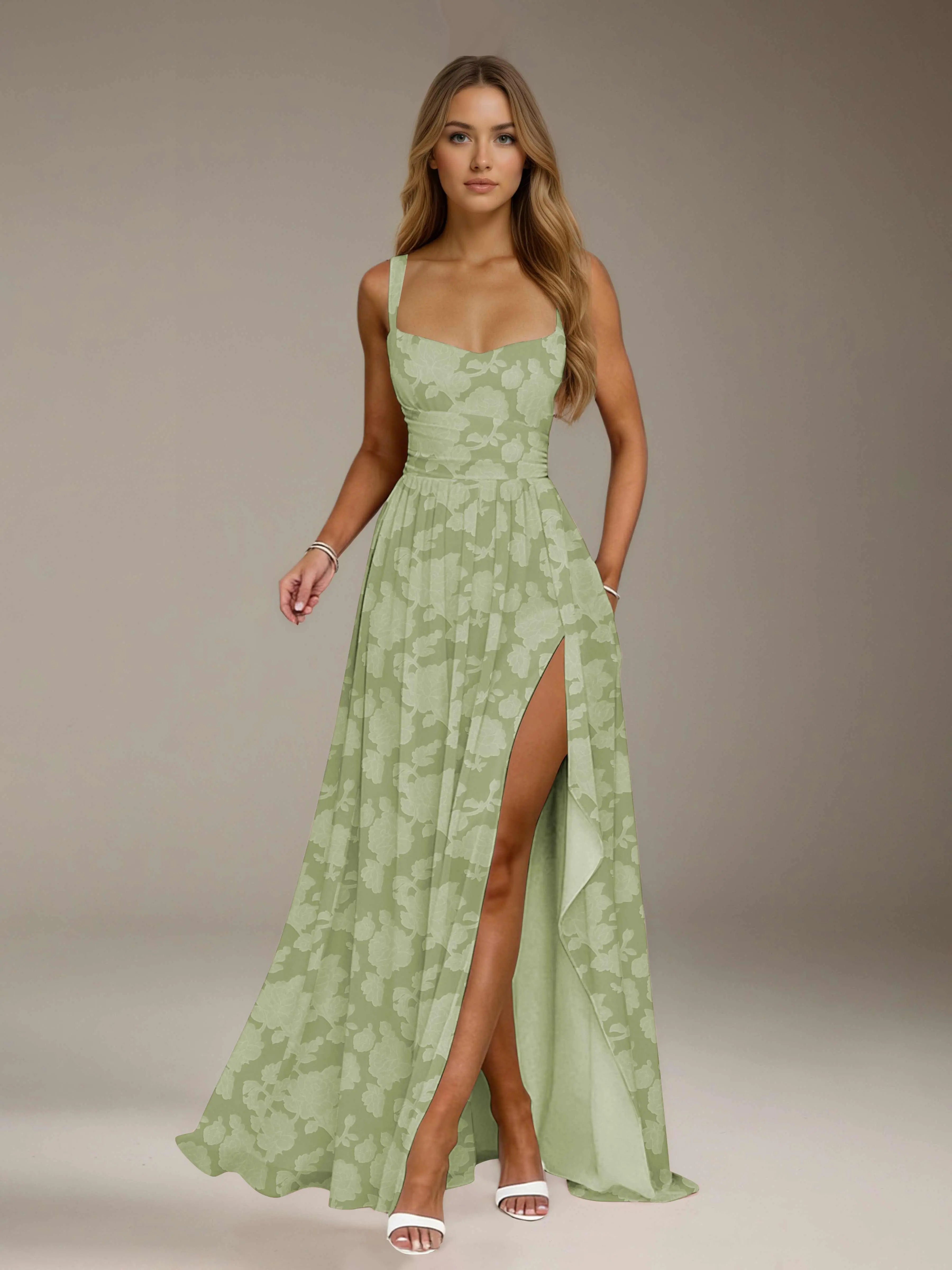 Vestido de dama de honor de encaje floral – Vestido de fiesta sin mangas de línea A con escote cuadrado y largo hasta el suelo con abertura