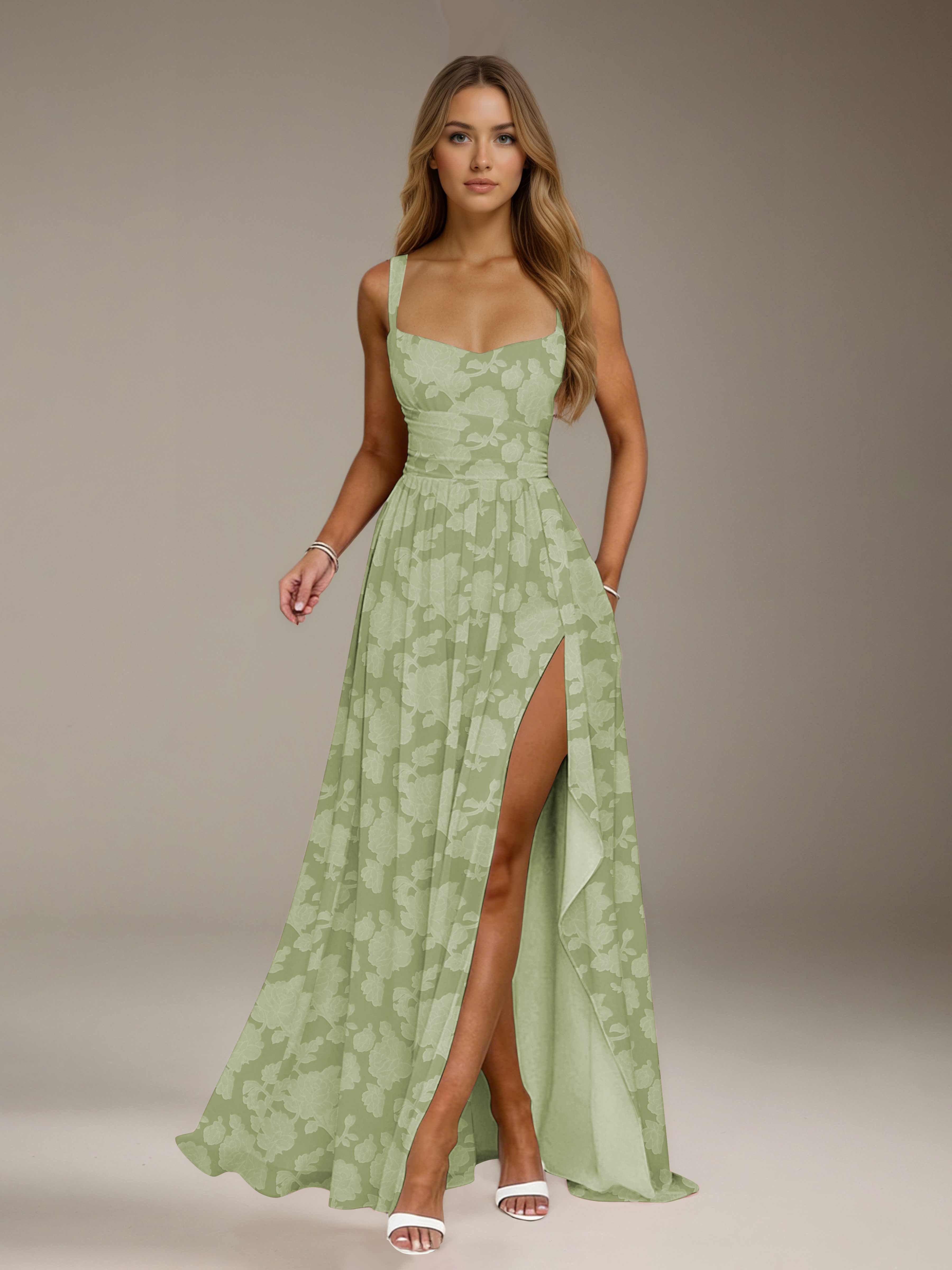 Floral Lace Bridesmaid Dress – A-Line, Square Neck, Sleeveless, Floor-Length, Formal Dress with Slit