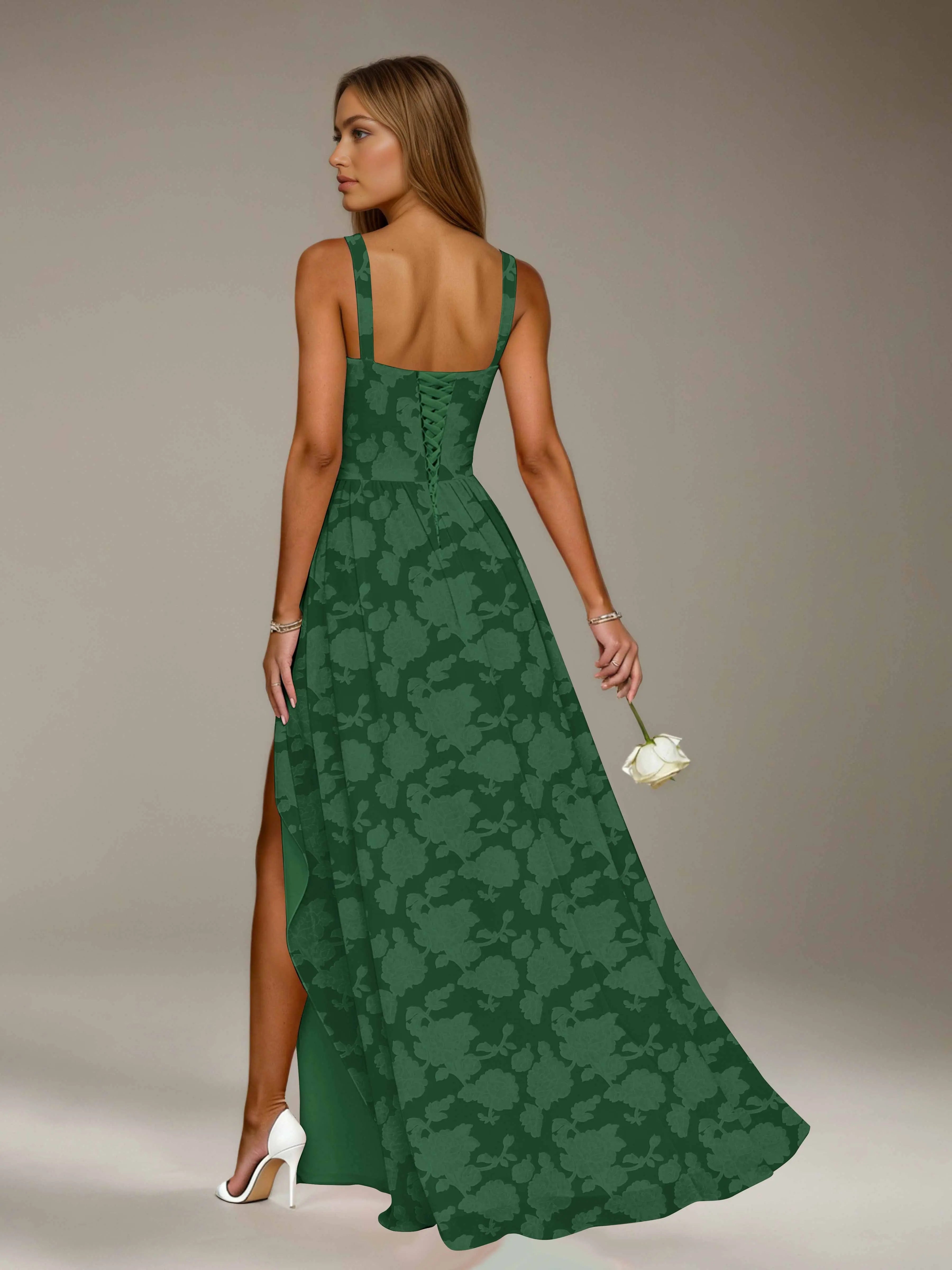 Vestido de dama de honor de encaje floral – Vestido de fiesta sin mangas de línea A con escote cuadrado y largo hasta el suelo con abertura