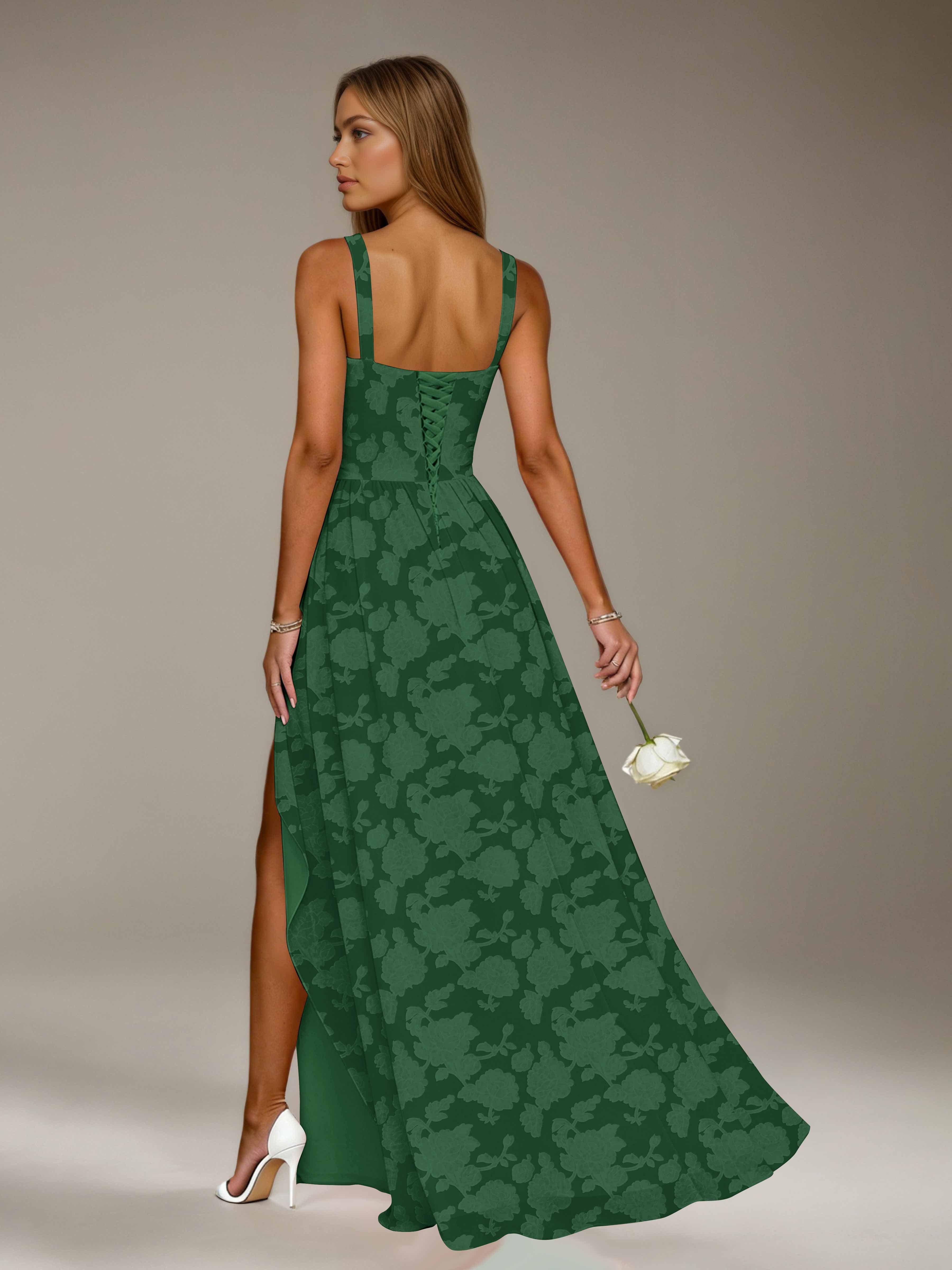 Floral Lace Bridesmaid Dress – A-Line, Square Neck, Sleeveless, Floor-Length, Formal Dress with Slit