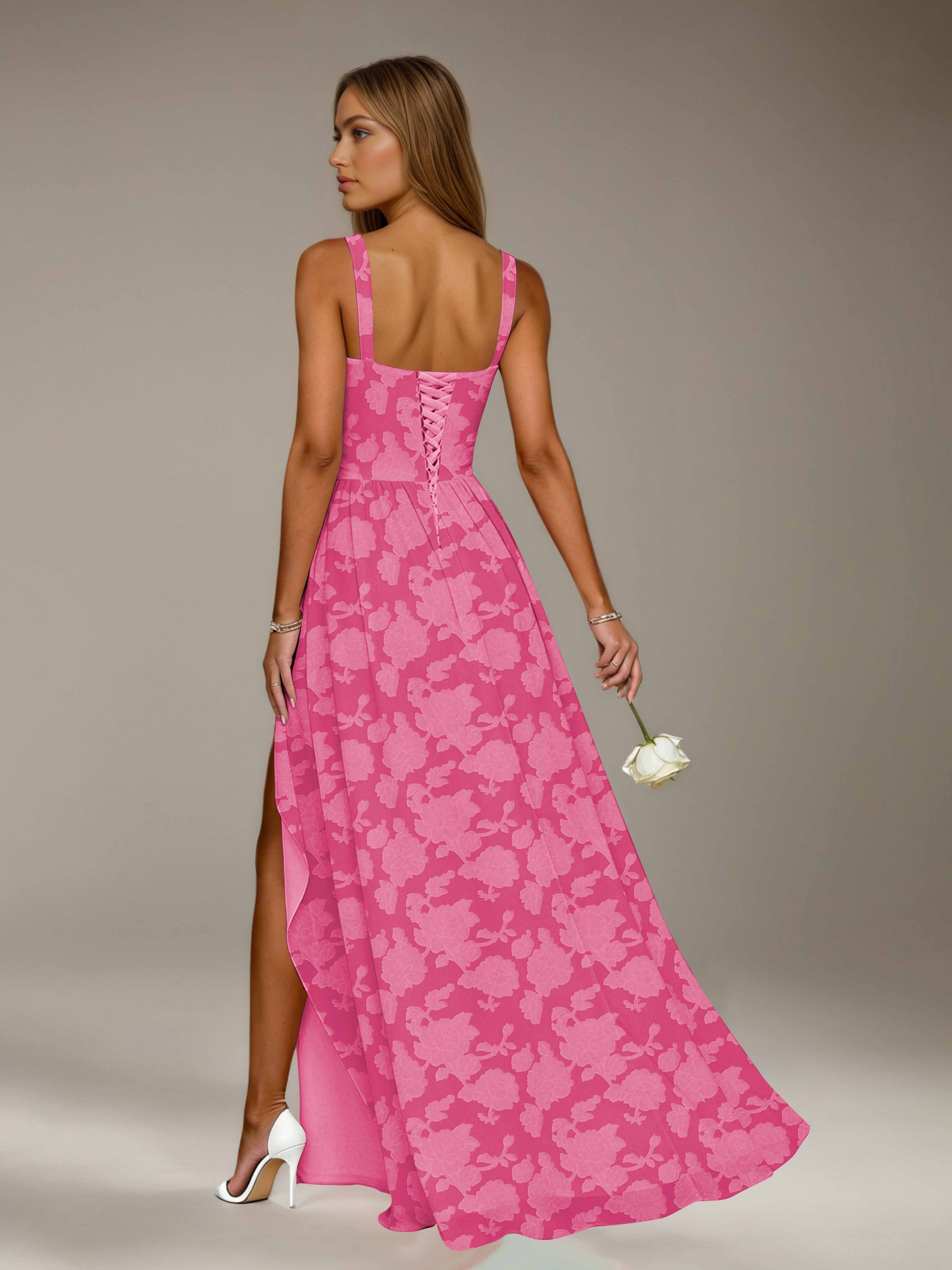 Floral Lace Bridesmaid Dress – A-Line, Square Neck, Sleeveless, Floor-Length, Formal Dress with Slit