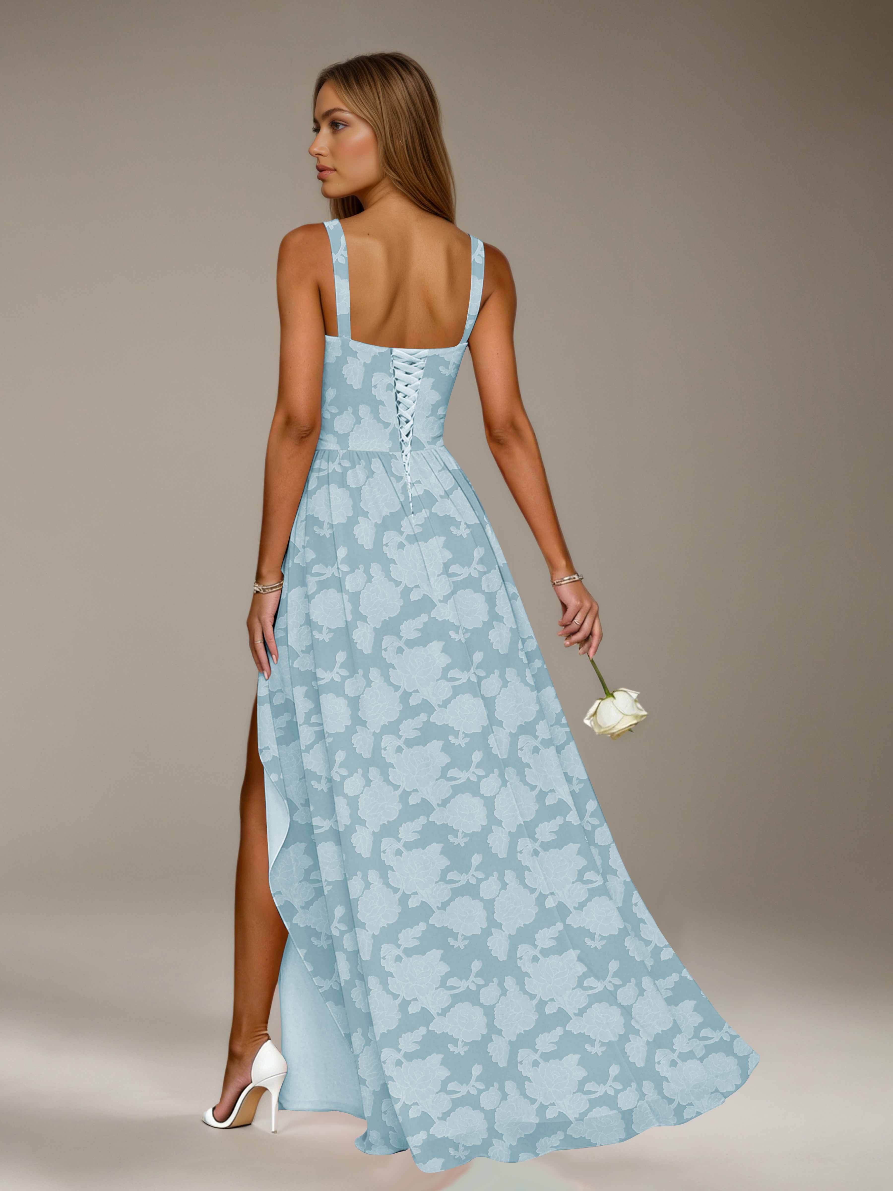 Floral Lace Bridesmaid Dress – A-Line, Square Neck, Sleeveless, Floor-Length, Formal Dress with Slit
