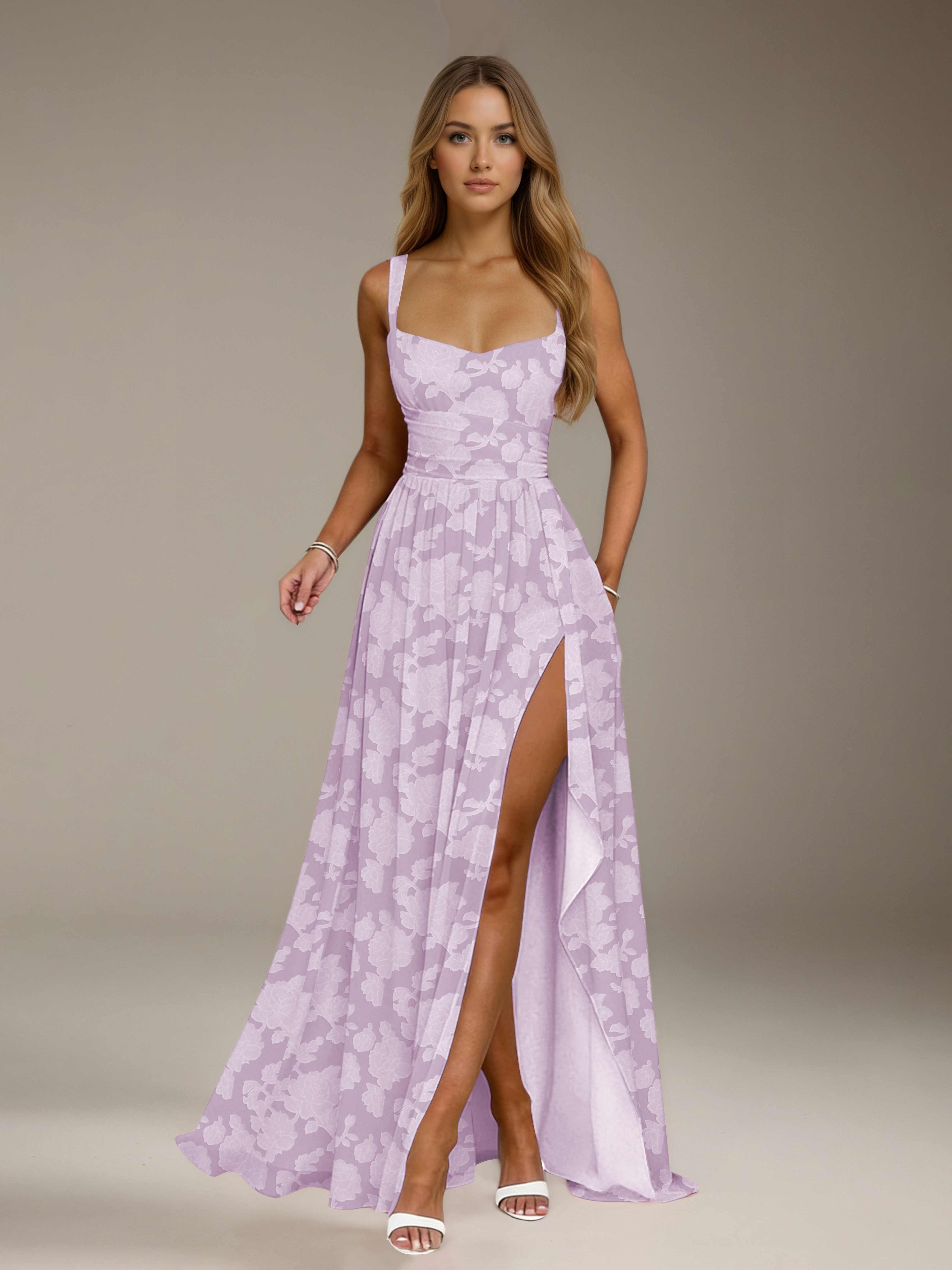 Floral Lace Bridesmaid Dress – A-Line, Square Neck, Sleeveless, Floor-Length, Formal Dress with Slit