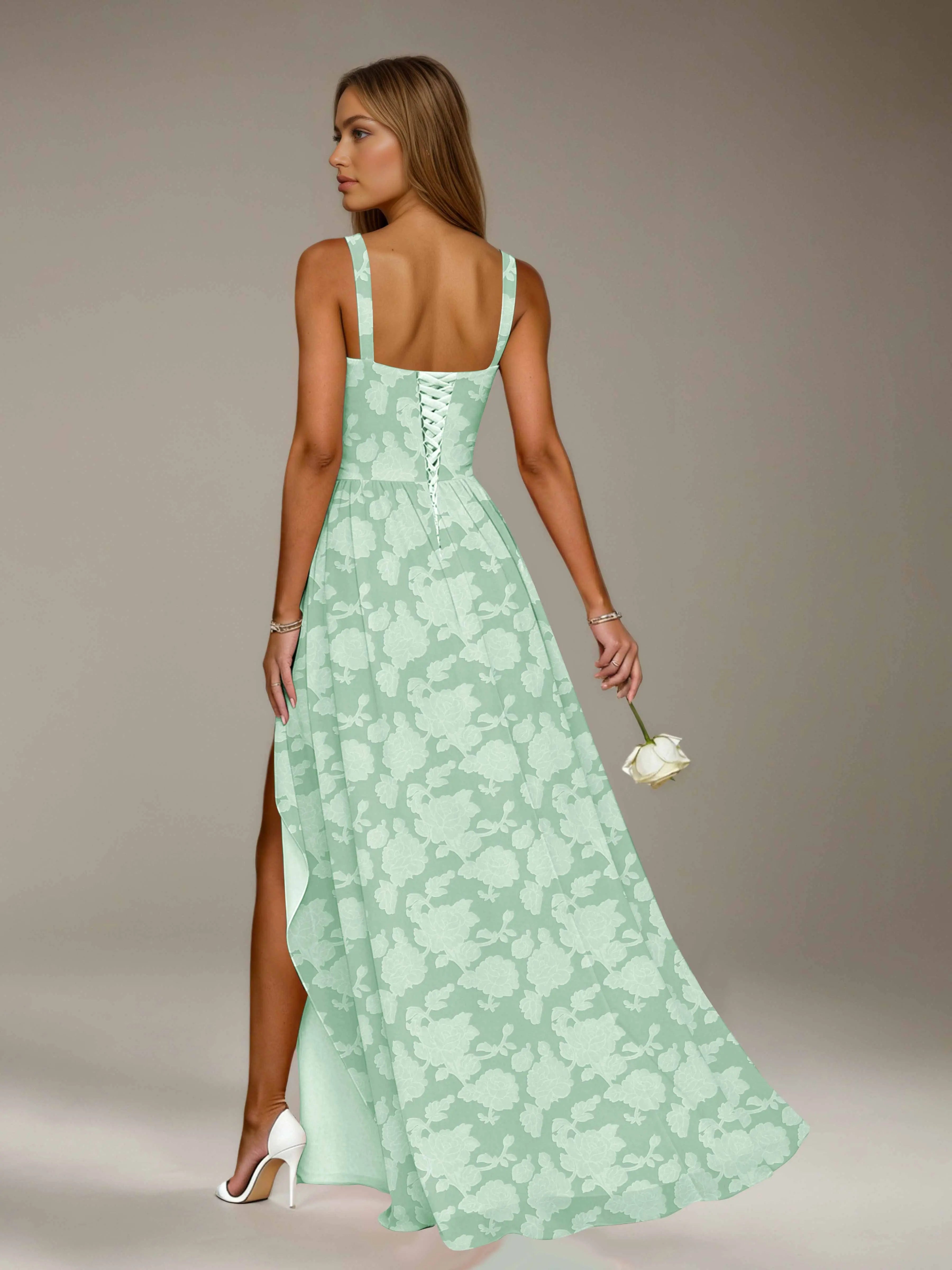 Vestido de dama de honor de encaje floral – Vestido de fiesta sin mangas de línea A con escote cuadrado y largo hasta el suelo con abertura