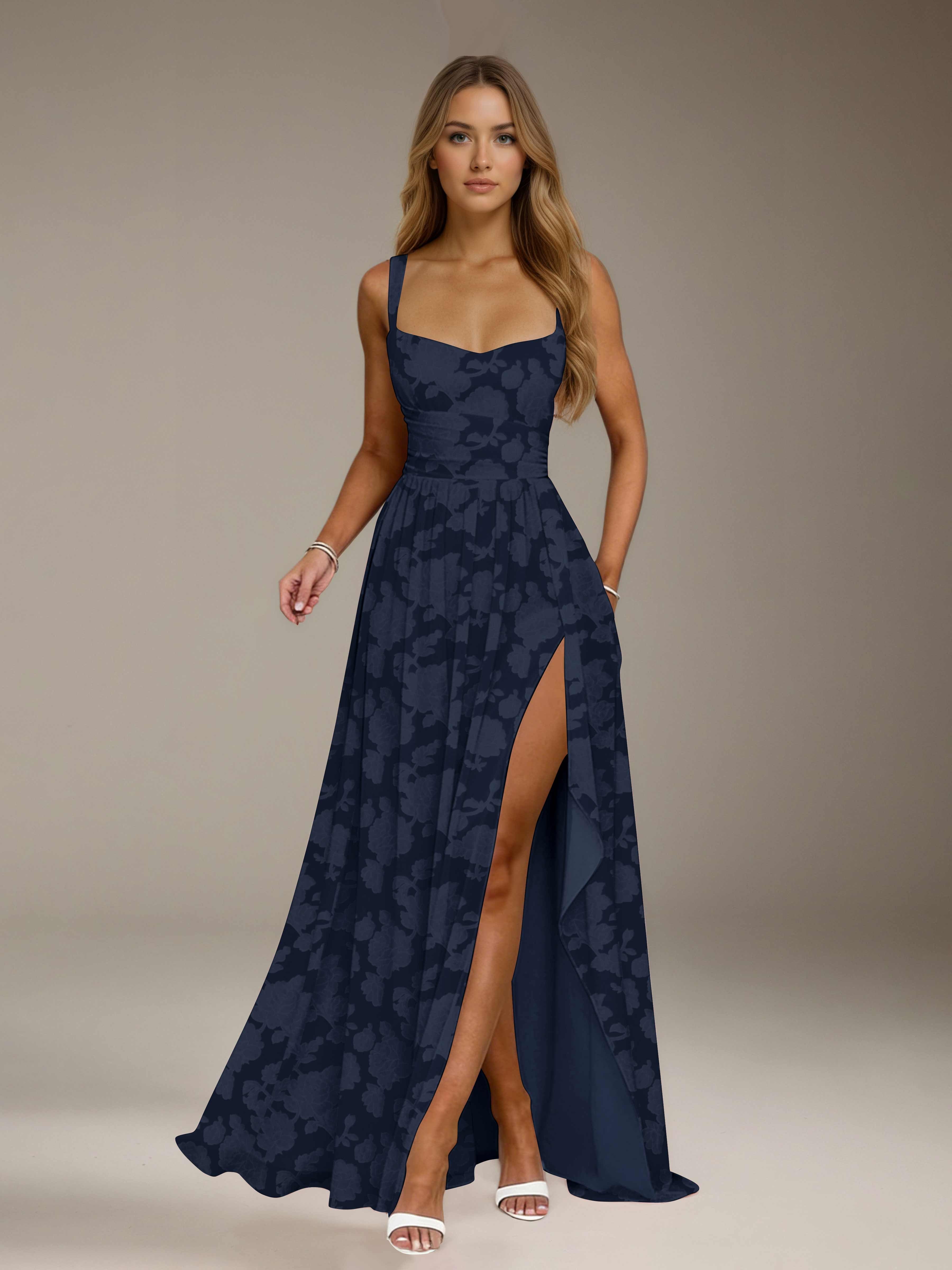Floral Lace Bridesmaid Dress – A-Line, Square Neck, Sleeveless, Floor-Length, Formal Dress with Slit