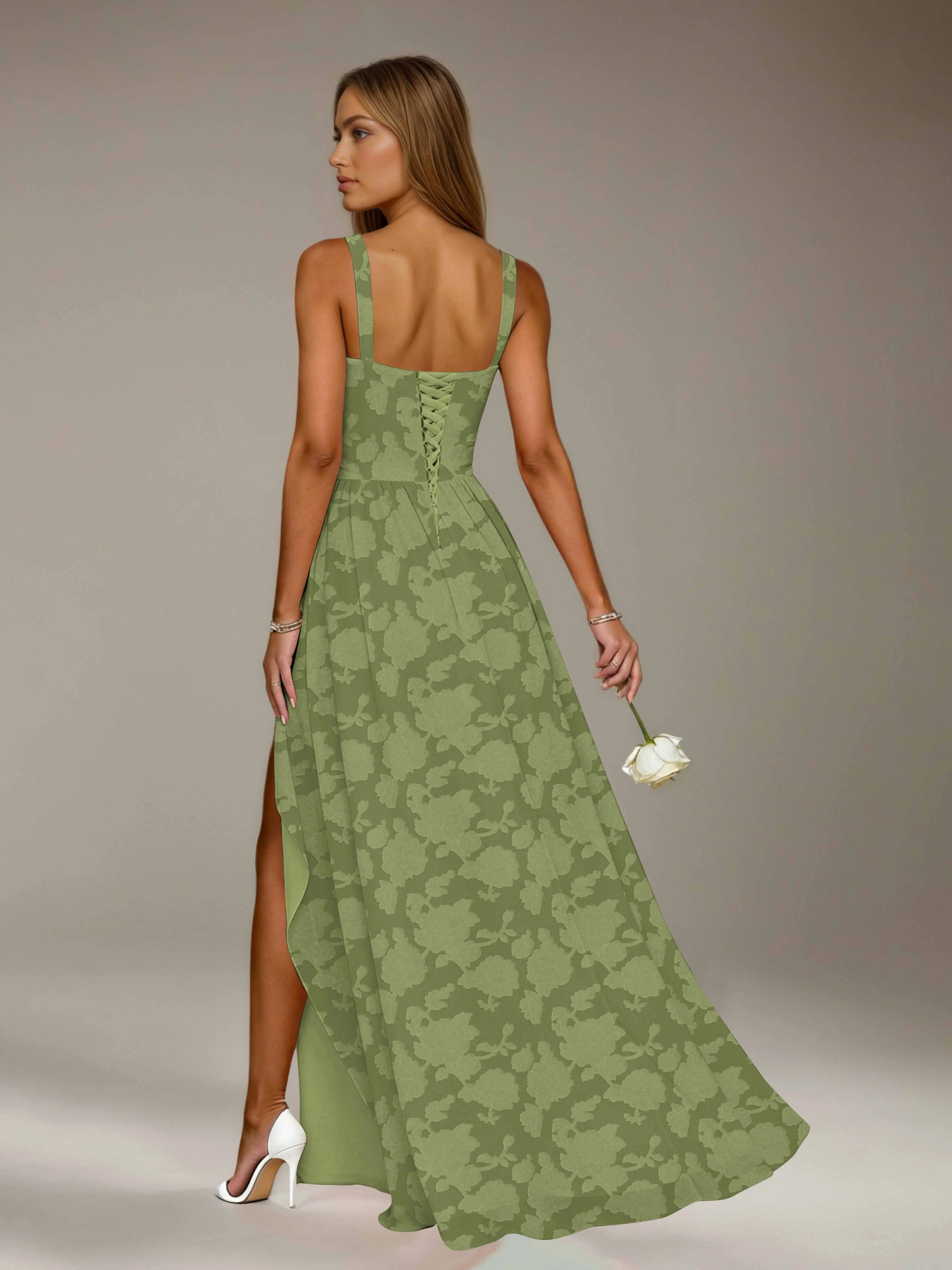 Vestido de dama de honor de encaje floral – Vestido de fiesta sin mangas de línea A con escote cuadrado y largo hasta el suelo con abertura
