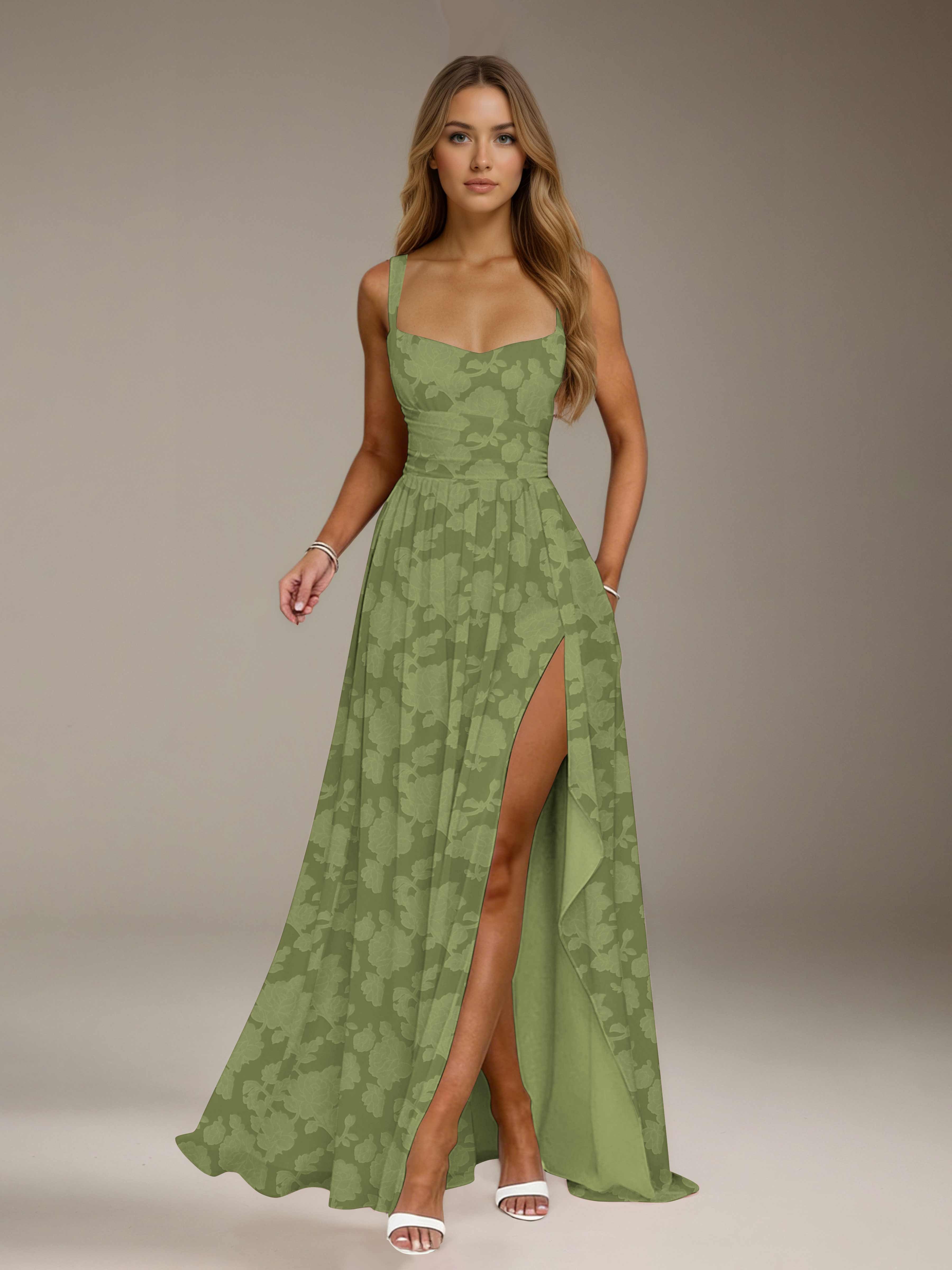 Floral Lace Bridesmaid Dress – A-Line, Square Neck, Sleeveless, Floor-Length, Formal Dress with Slit