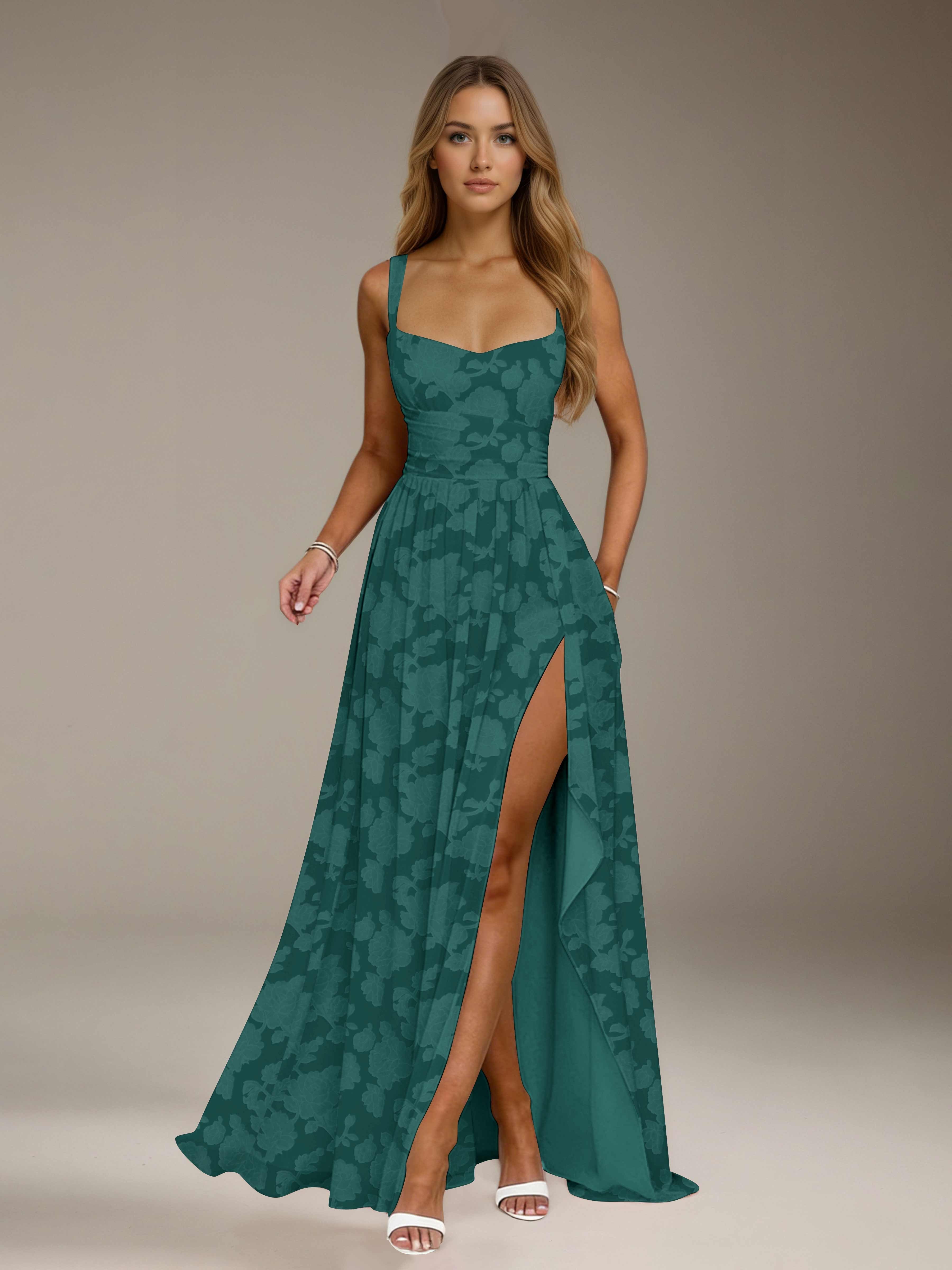 Floral Lace Bridesmaid Dress – A-Line, Square Neck, Sleeveless, Floor-Length, Formal Dress with Slit