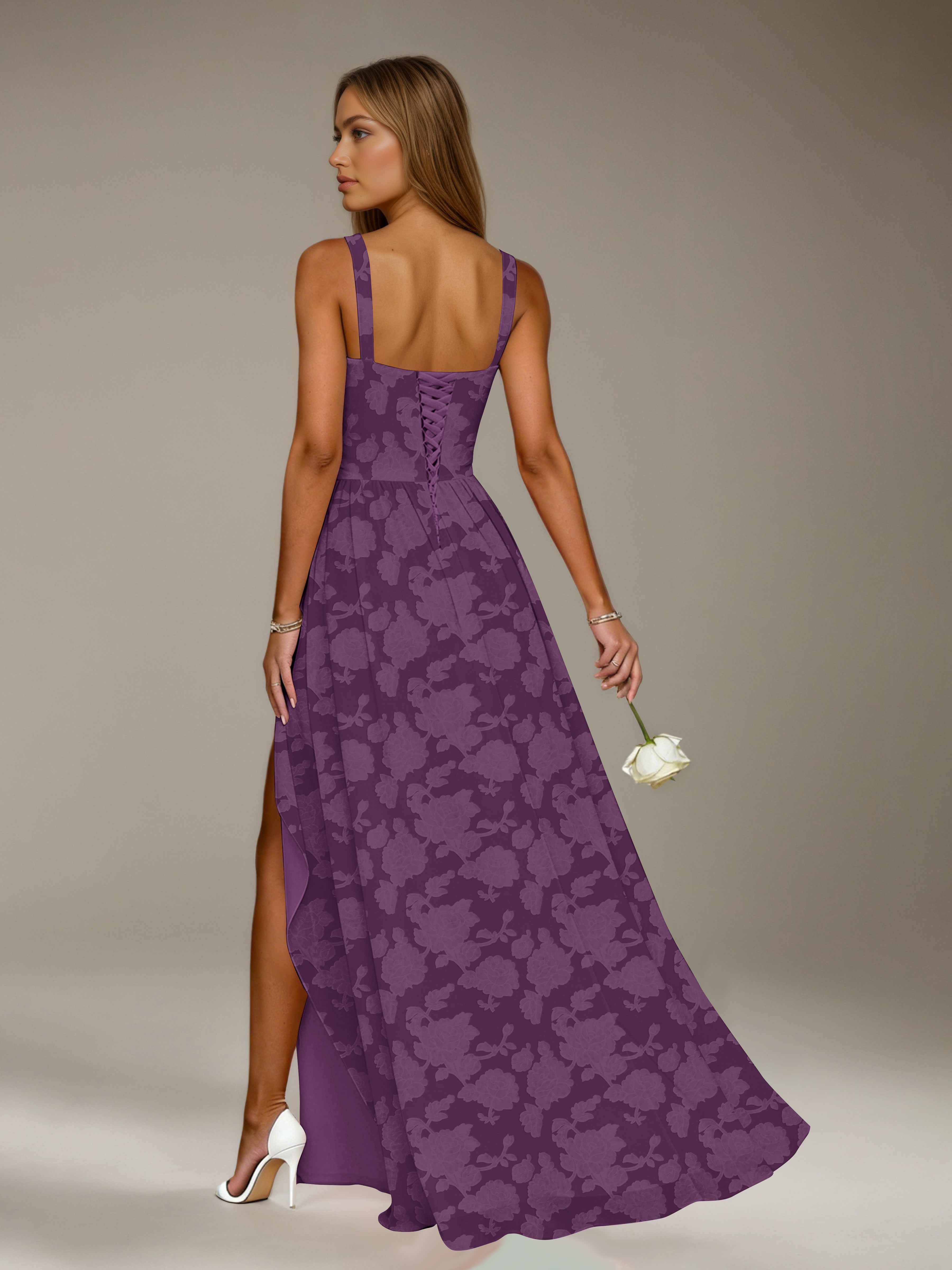 Floral Lace Bridesmaid Dress – A-Line, Square Neck, Sleeveless, Floor-Length, Formal Dress with Slit