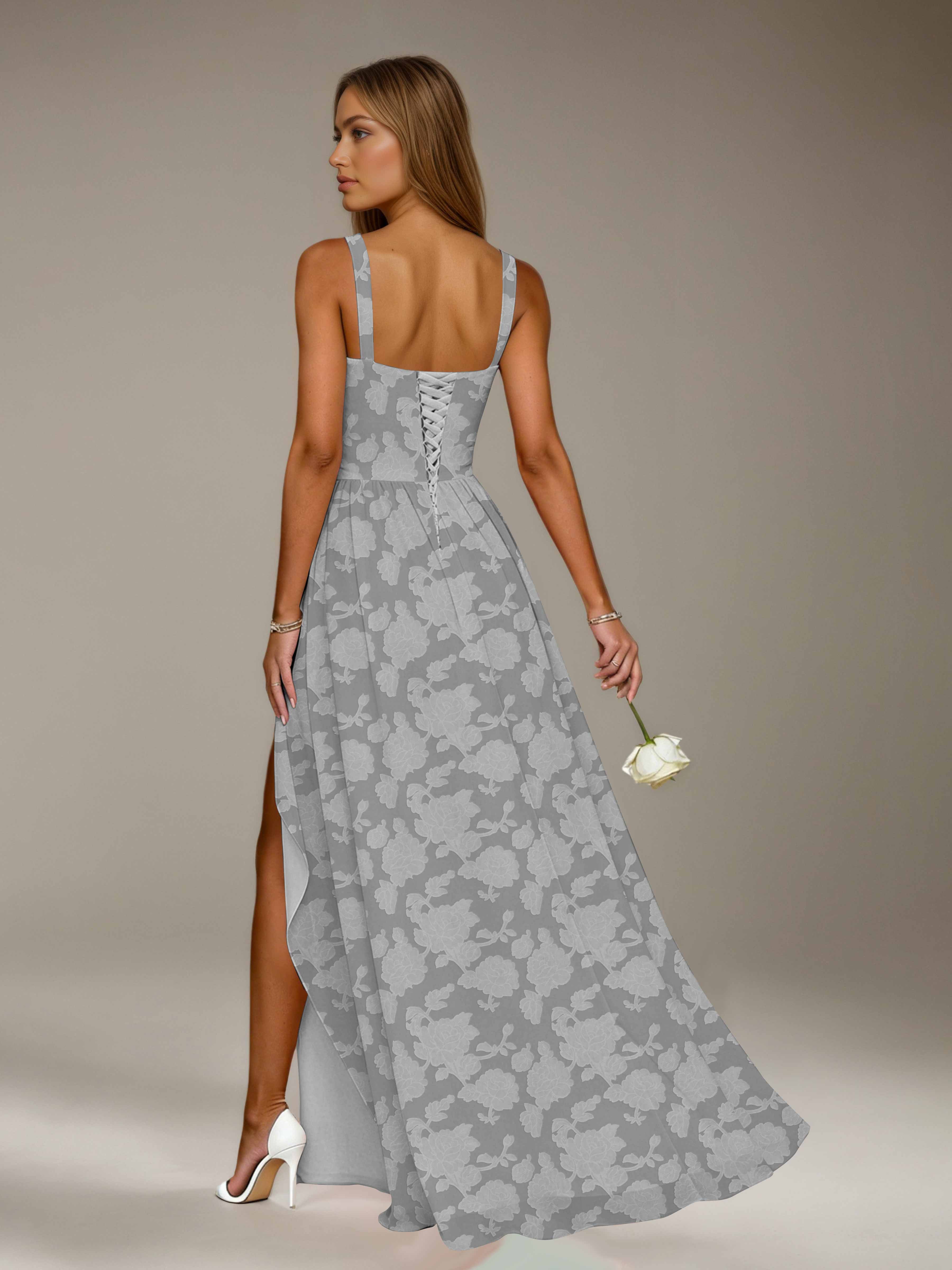 Floral Lace Bridesmaid Dress – A-Line, Square Neck, Sleeveless, Floor-Length, Formal Dress with Slit