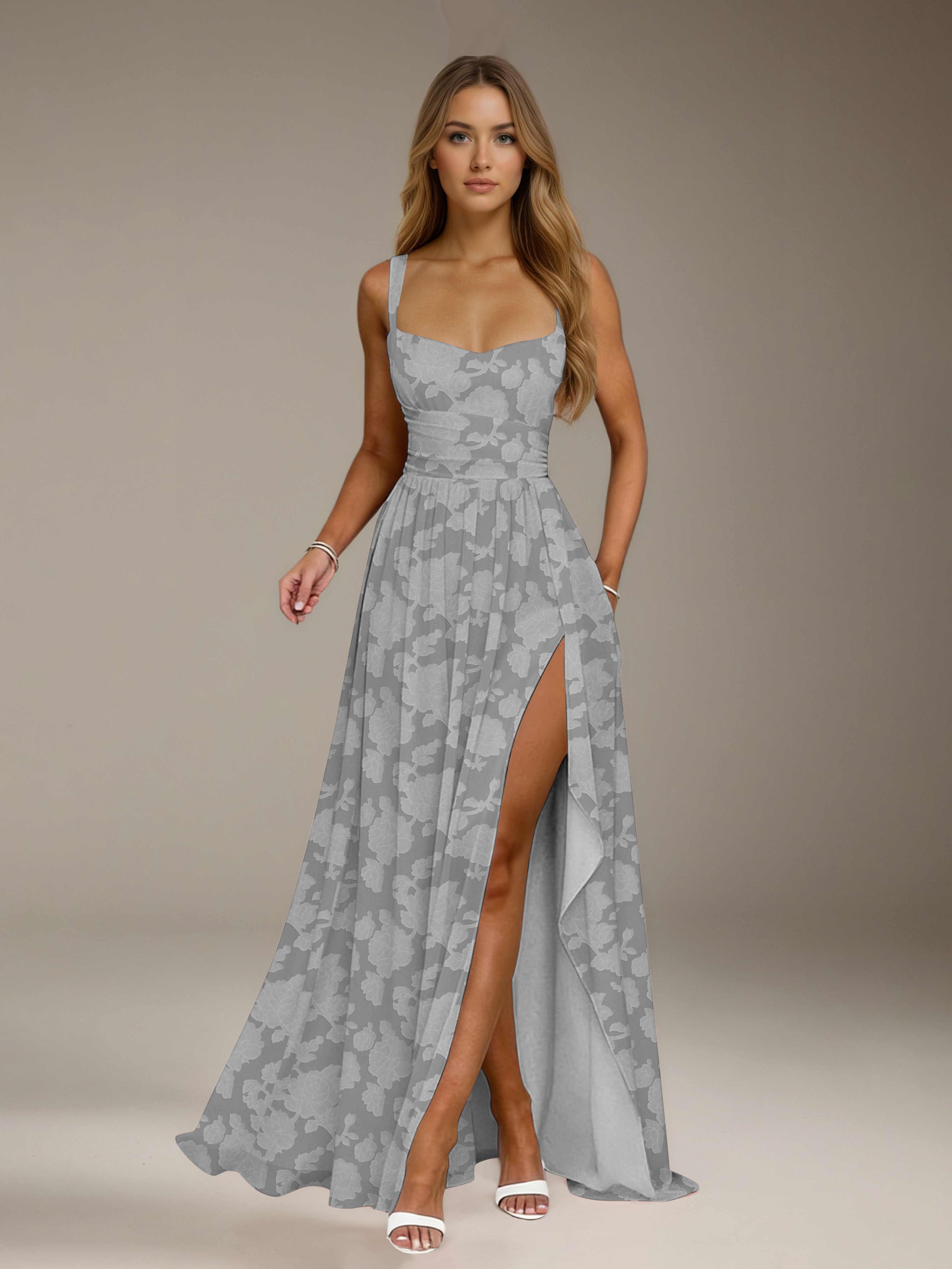 Floral Lace Bridesmaid Dress – A-Line, Square Neck, Sleeveless, Floor-Length, Formal Dress with Slit