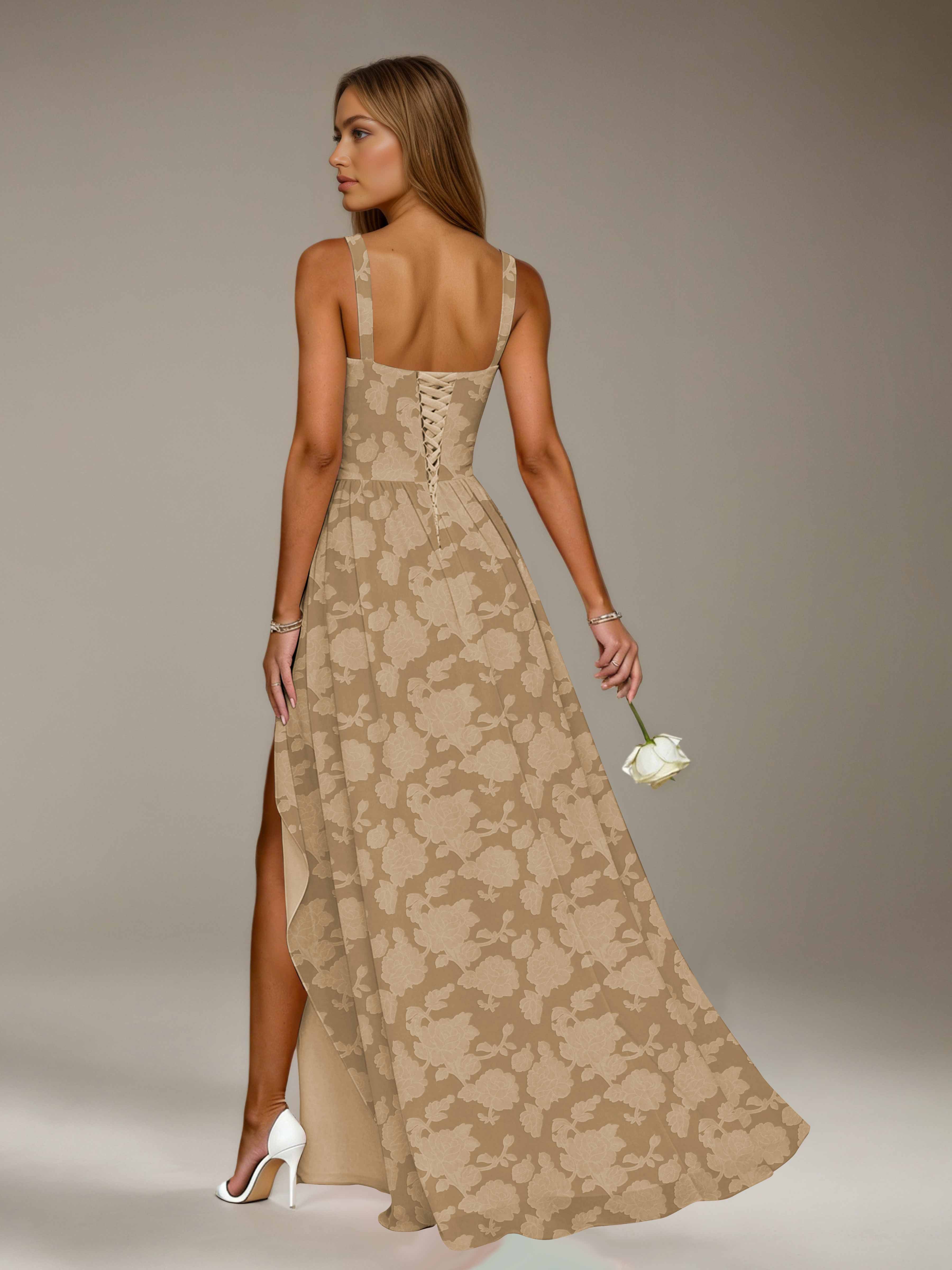 Floral Lace Bridesmaid Dress – A-Line, Square Neck, Sleeveless, Floor-Length, Formal Dress with Slit