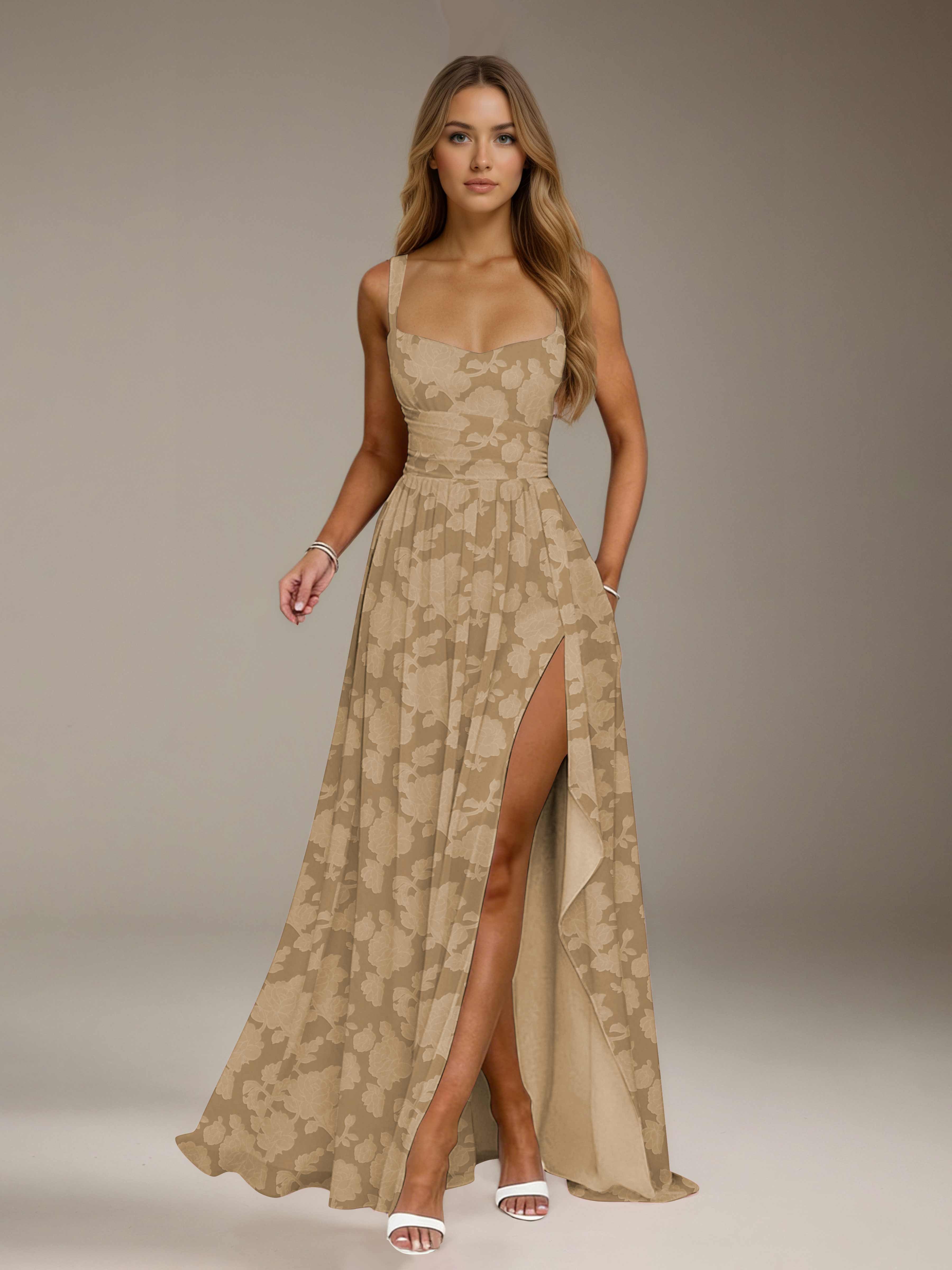 Floral Lace Bridesmaid Dress – A-Line, Square Neck, Sleeveless, Floor-Length, Formal Dress with Slit