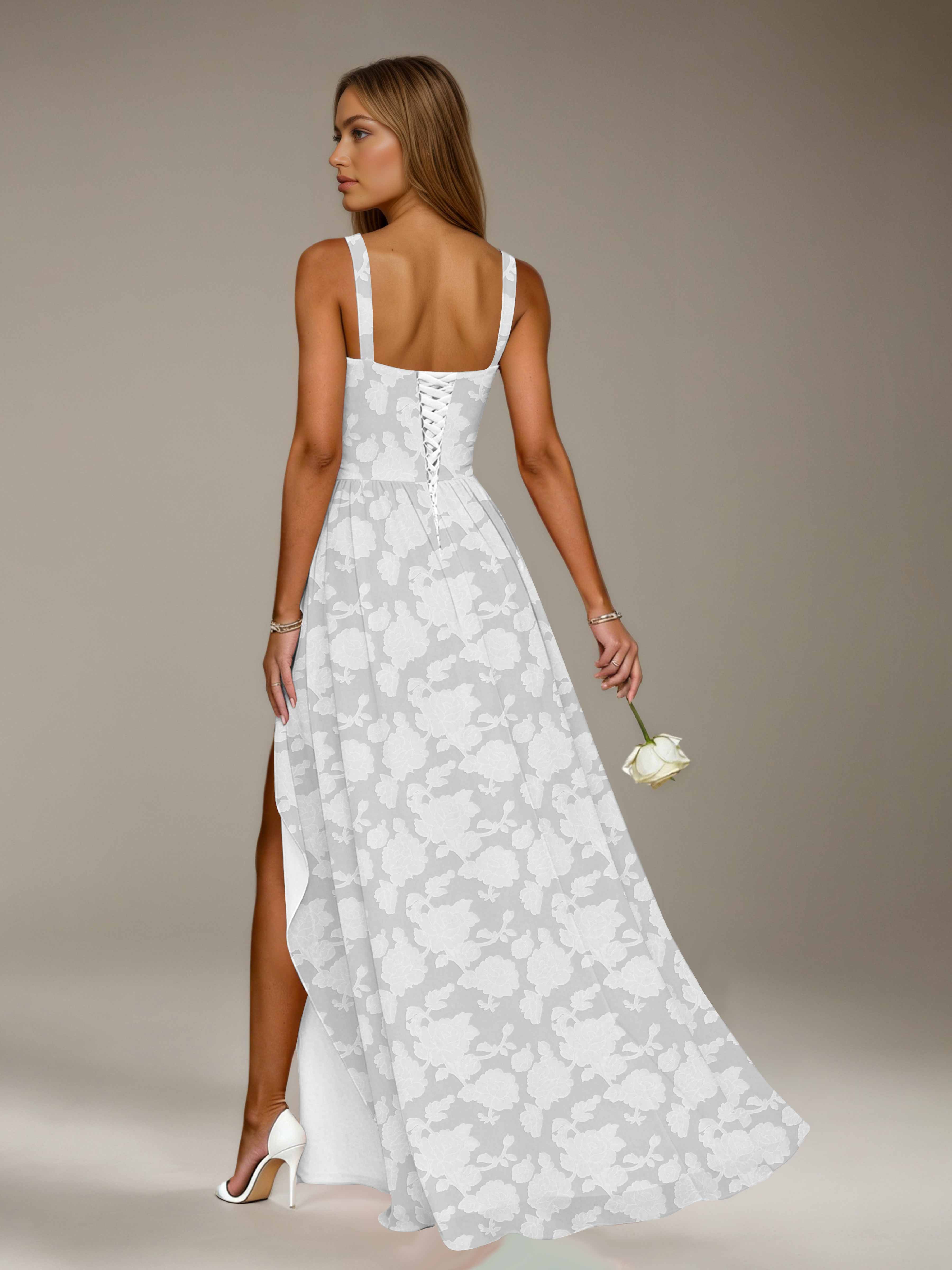 Floral Lace Bridesmaid Dress – A-Line, Square Neck, Sleeveless, Floor-Length, Formal Dress with Slit