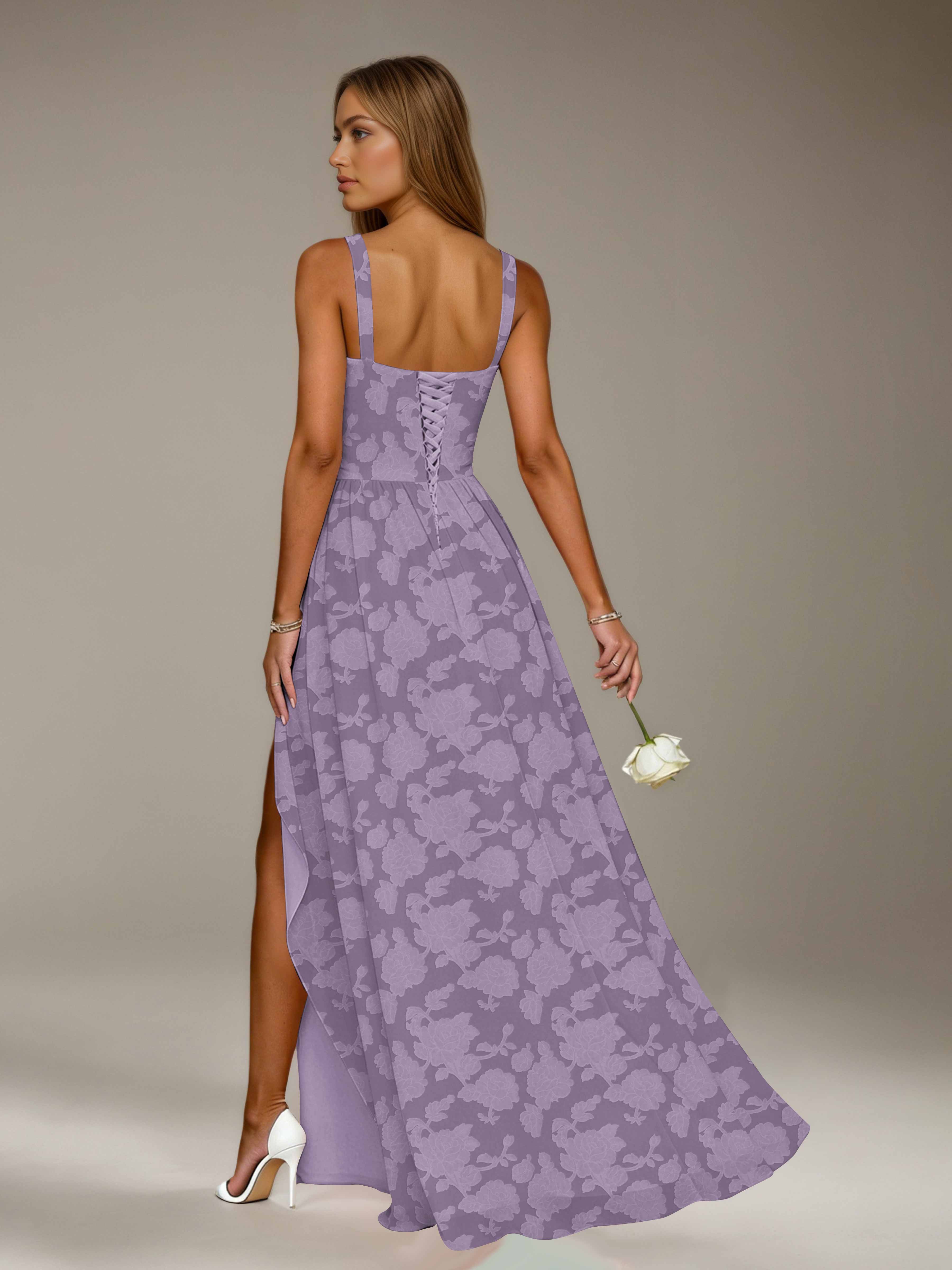 Floral Lace Bridesmaid Dress – A-Line, Square Neck, Sleeveless, Floor-Length, Formal Dress with Slit