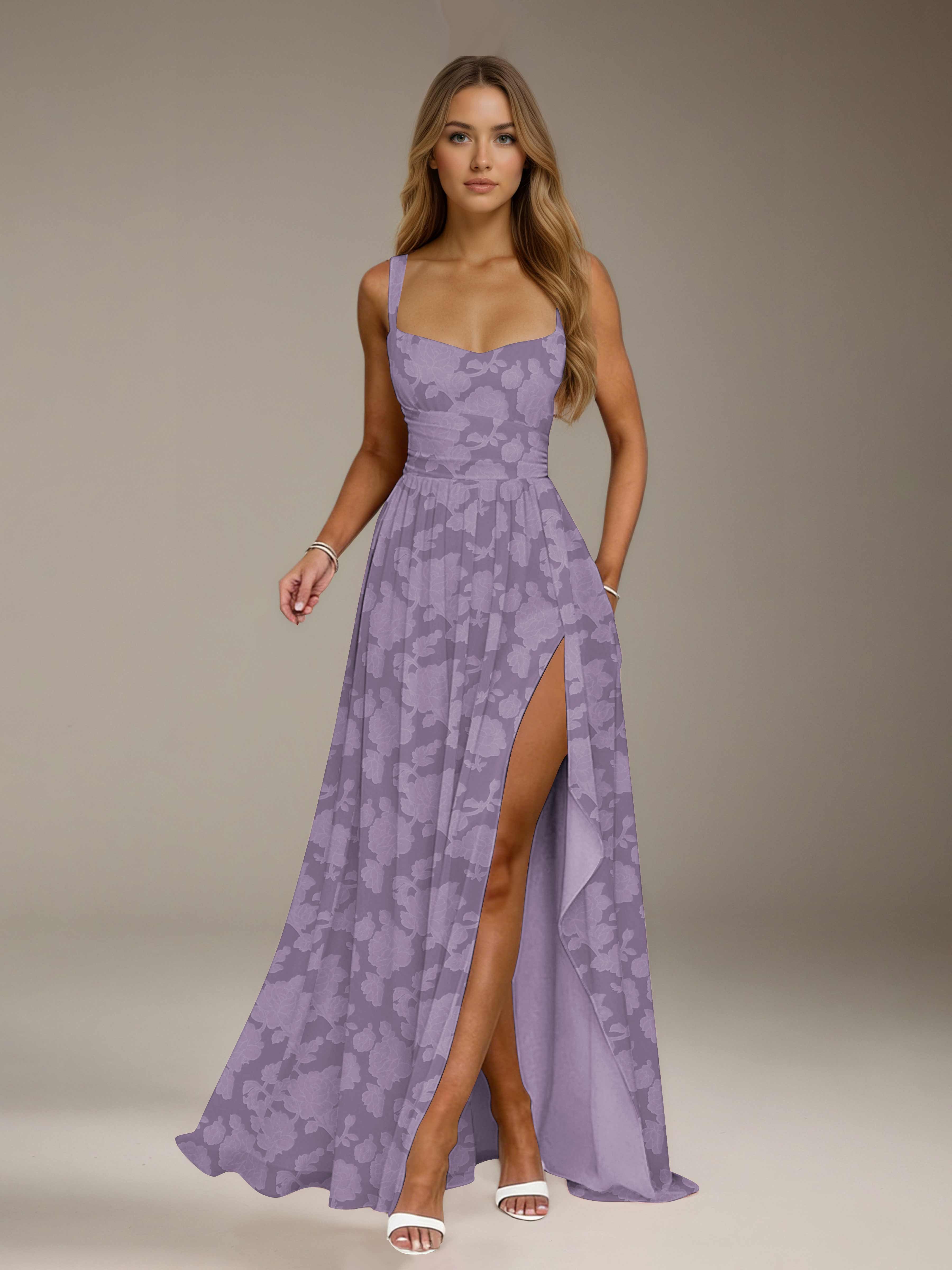 Floral Lace Bridesmaid Dress – A-Line, Square Neck, Sleeveless, Floor-Length, Formal Dress with Slit