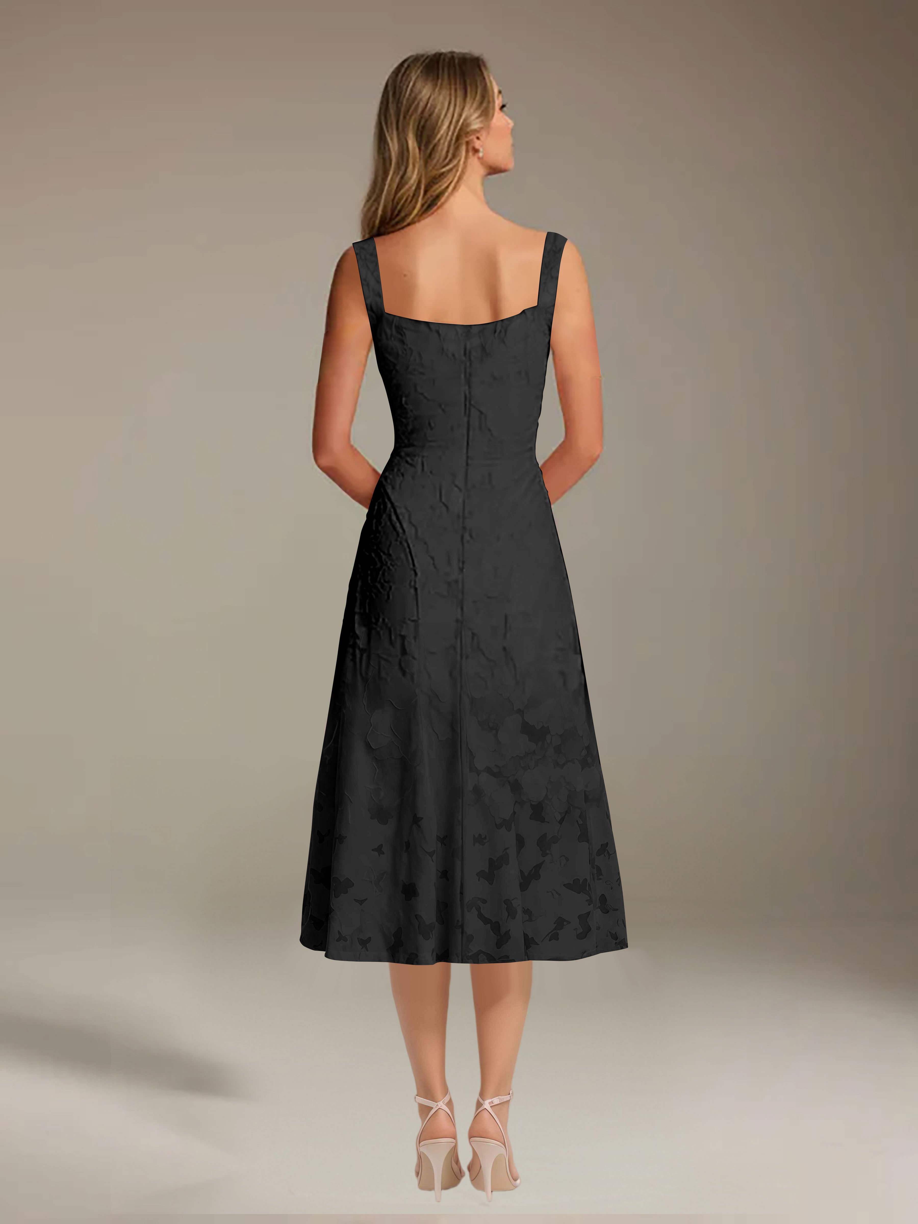 Vestido de encaje floreado de longitud media – línea A con escote cuadrado sin mangas, vestido formal para invitada de boda