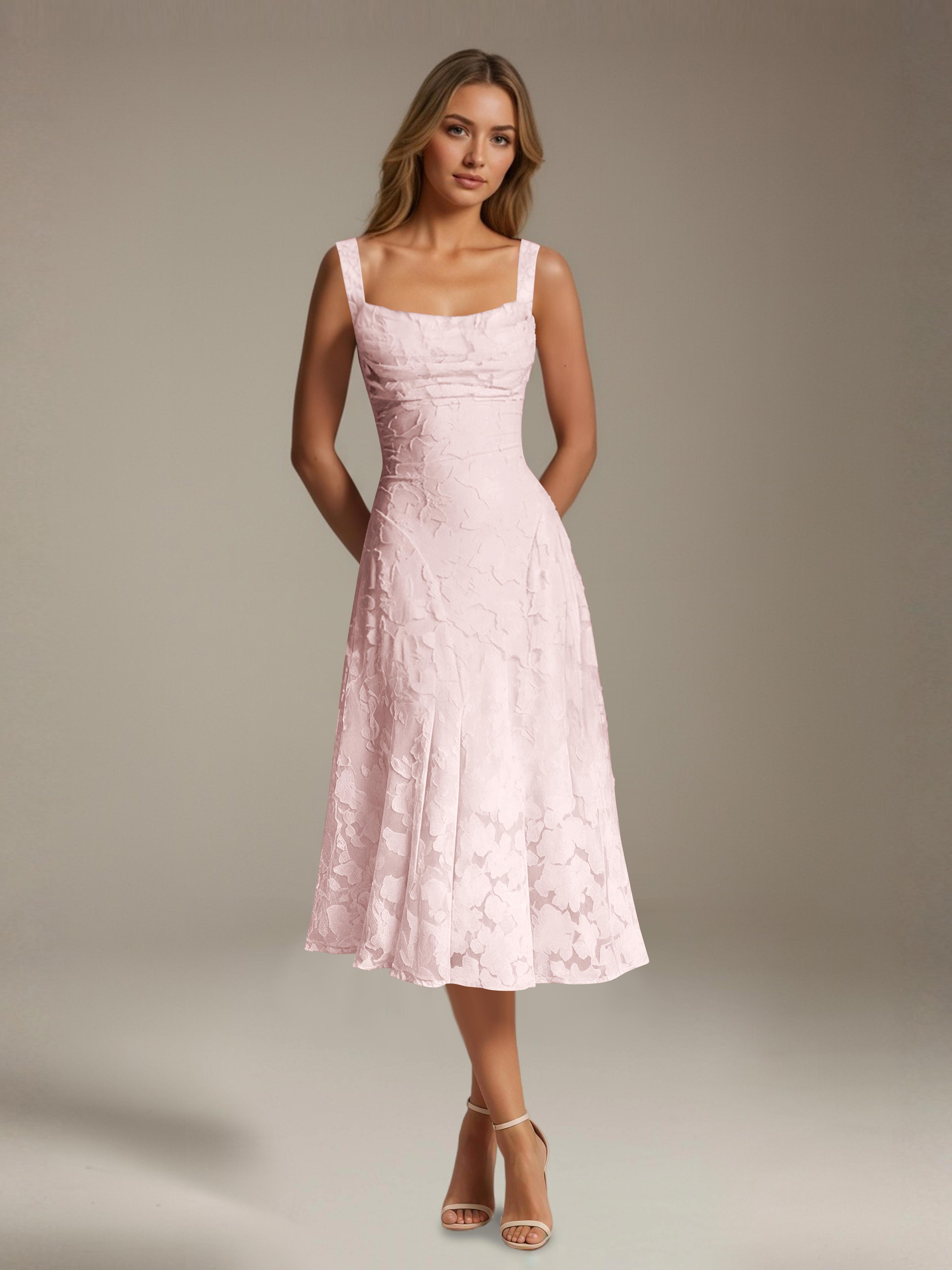 Vestido de encaje floreado de longitud media – línea A con escote cuadrado sin mangas, vestido formal para invitada de boda