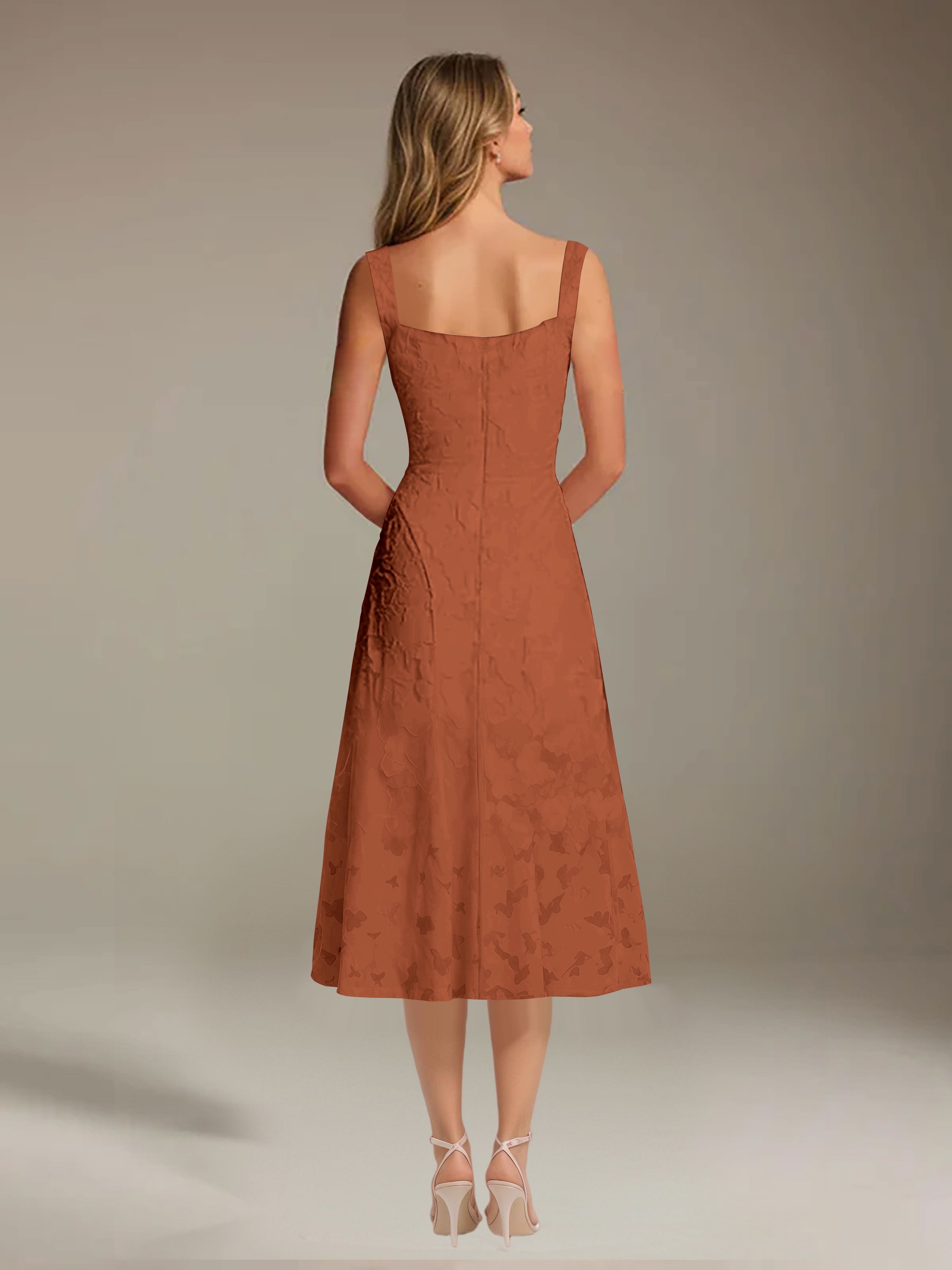 Vestido de encaje floreado de longitud media – línea A con escote cuadrado sin mangas, vestido formal para invitada de boda